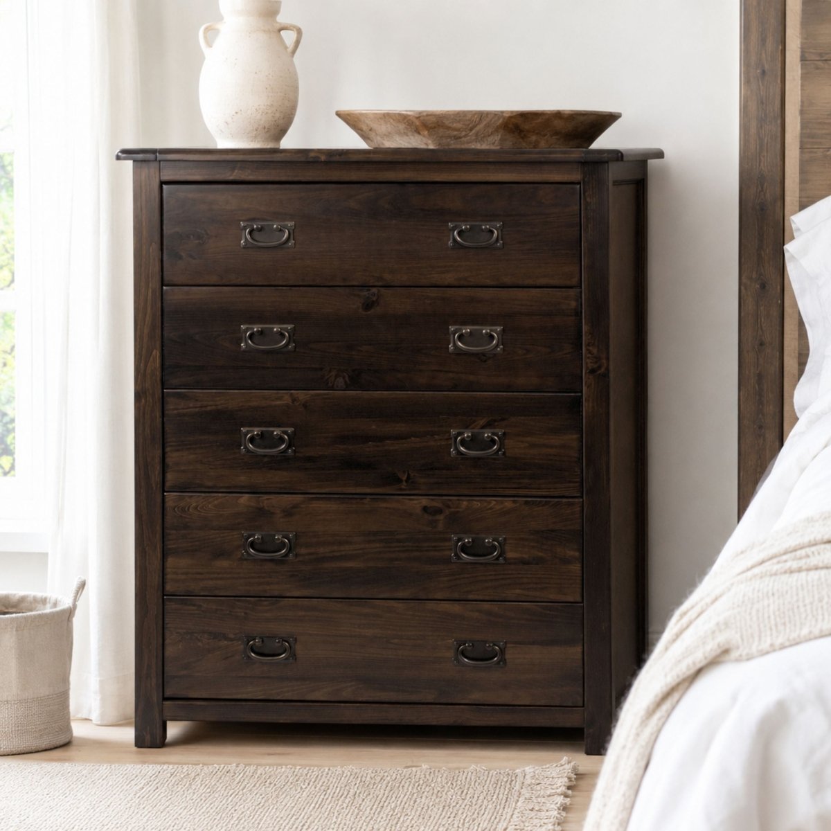 Boston 5 Drawer Chest Of Drawers In Stained Dark Wood - Price Crash Furniture