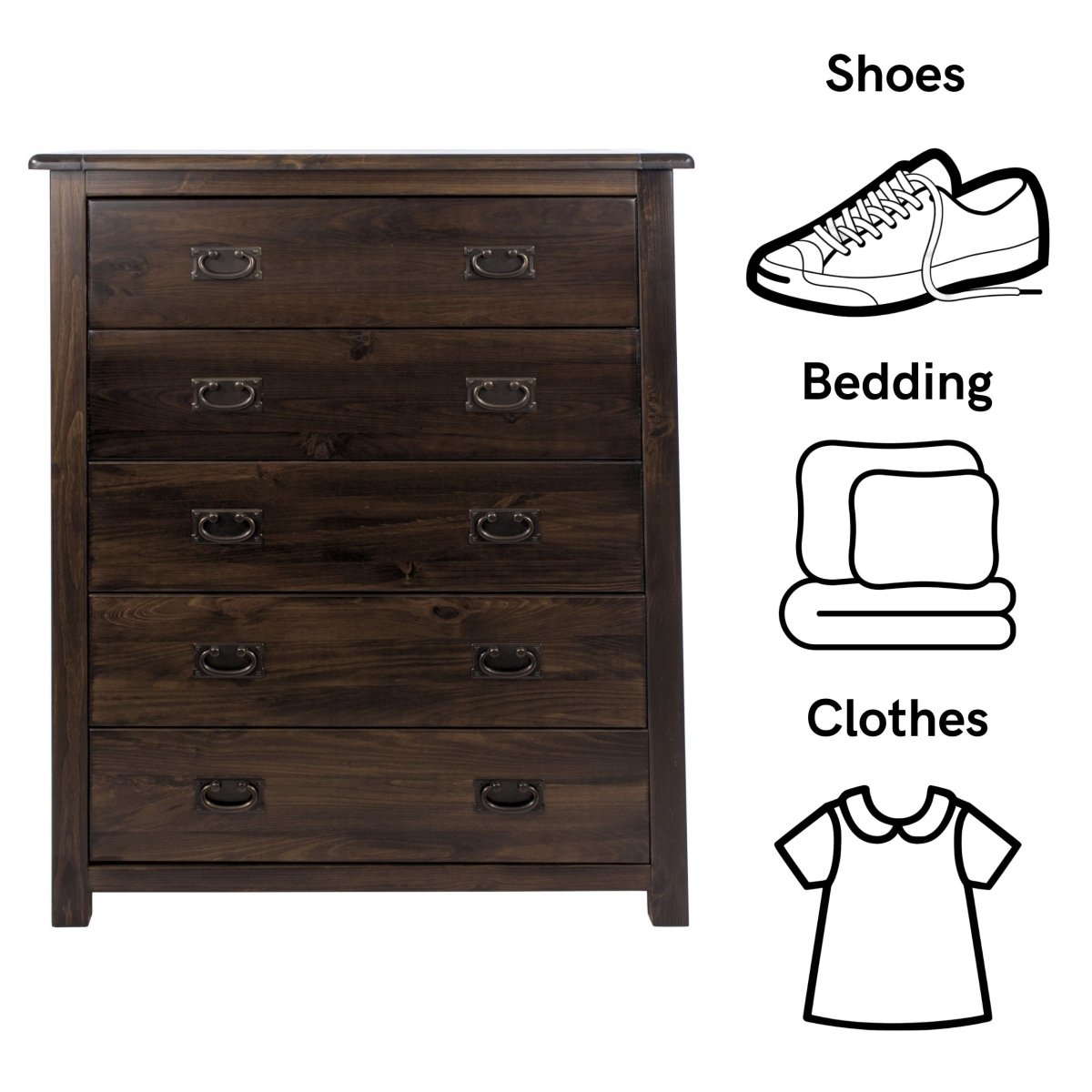 Boston 5 Drawer Chest Of Drawers In Stained Dark Wood - Price Crash Furniture