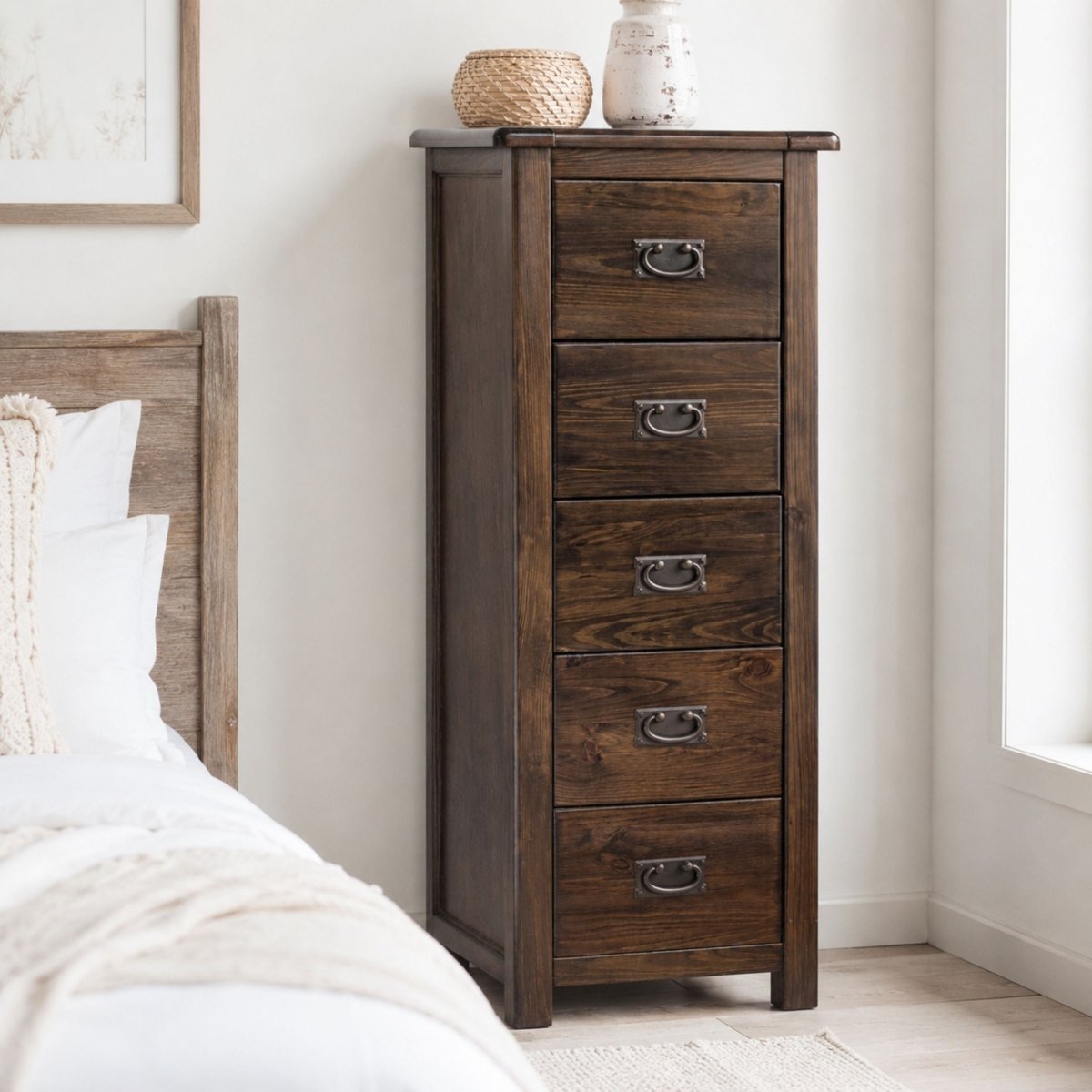 Boston 5 Drawer Tall Narrow Wooden Narrow Chest of Drawers Tallboy - Price Crash Furniture