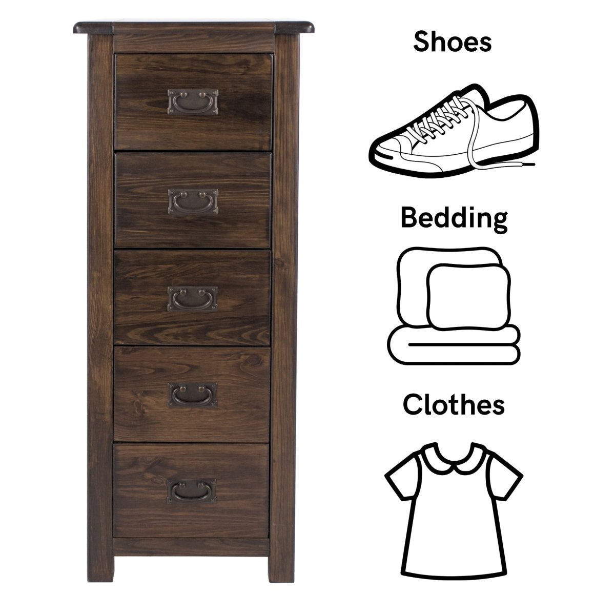 Boston 5 Drawer Tall Narrow Wooden Narrow Chest of Drawers Tallboy - Price Crash Furniture