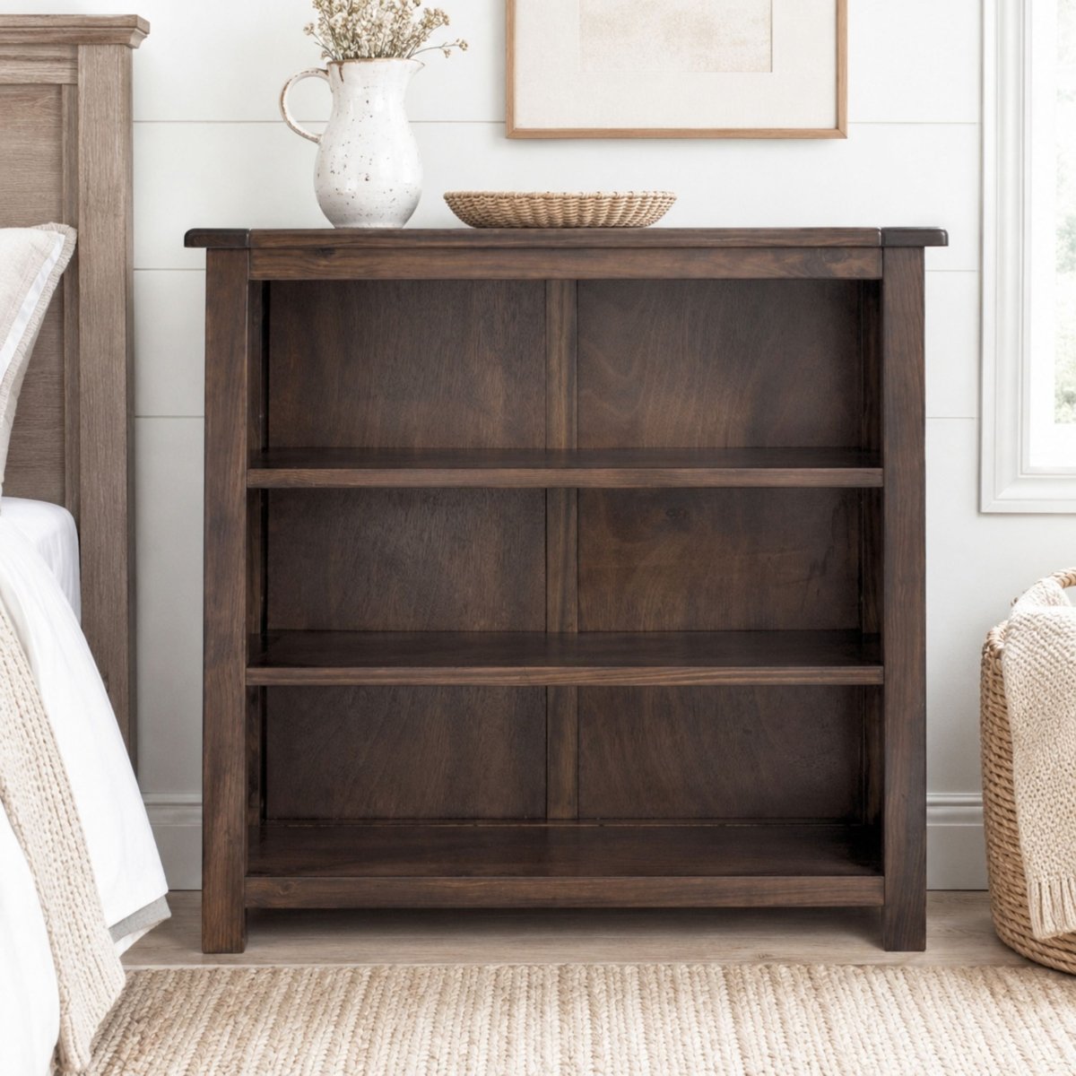 Boston Low 3 Shelf Wooden Bookcase in Dark Stained Wood - Price Crash Furniture