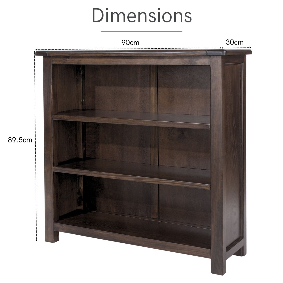 Boston Low 3 Shelf Wooden Bookcase in Dark Stained Wood - Price Crash Furniture