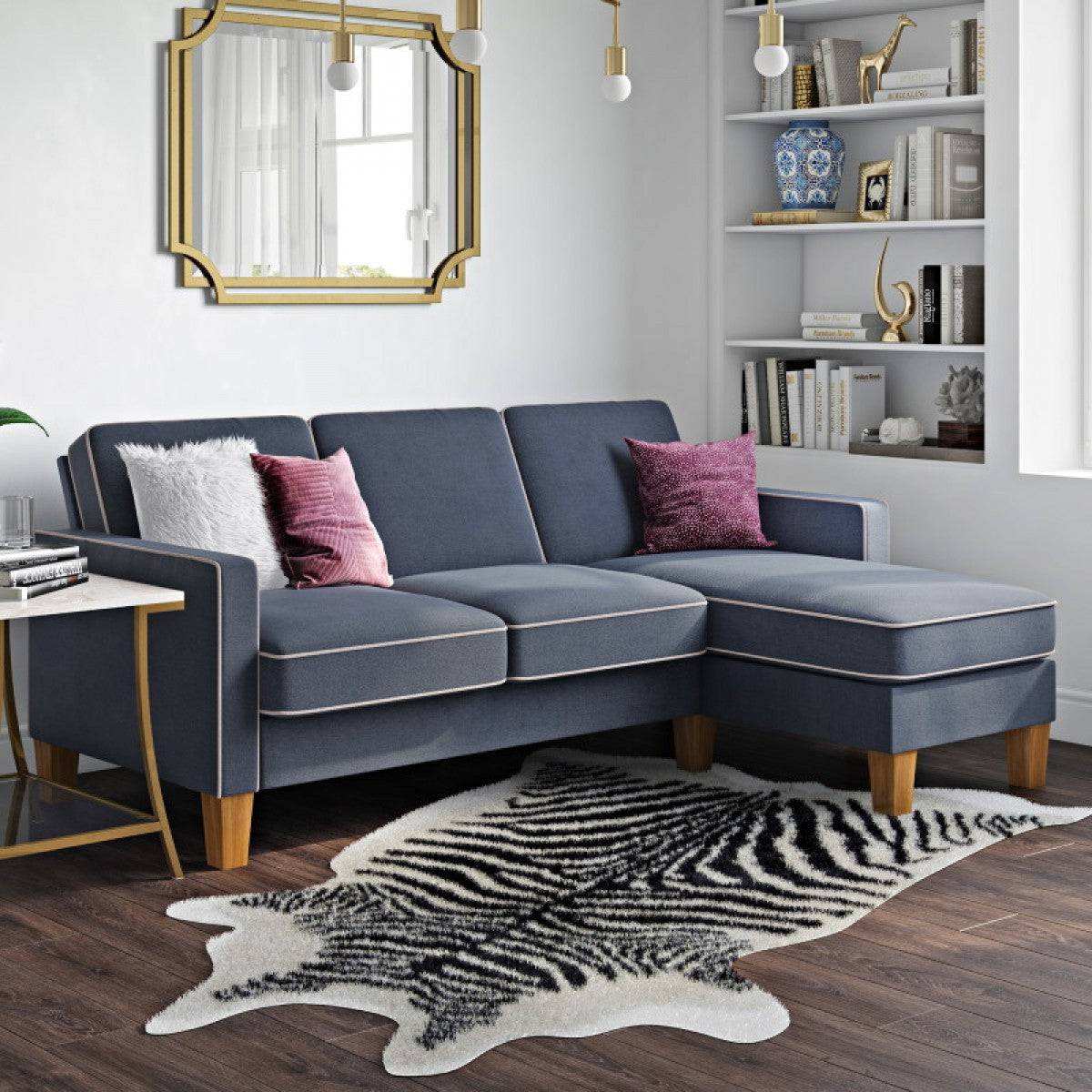 Bowen Corner L Shape Sofa with Contrast Welting in Blue Chenile by Dorel - Price Crash Furniture