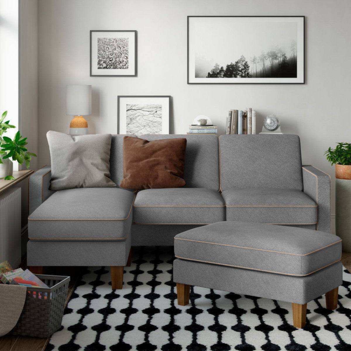 Bowen Ottoman Footstool with Contrast Welting in Grey Chenile by Dorel - Price Crash Furniture