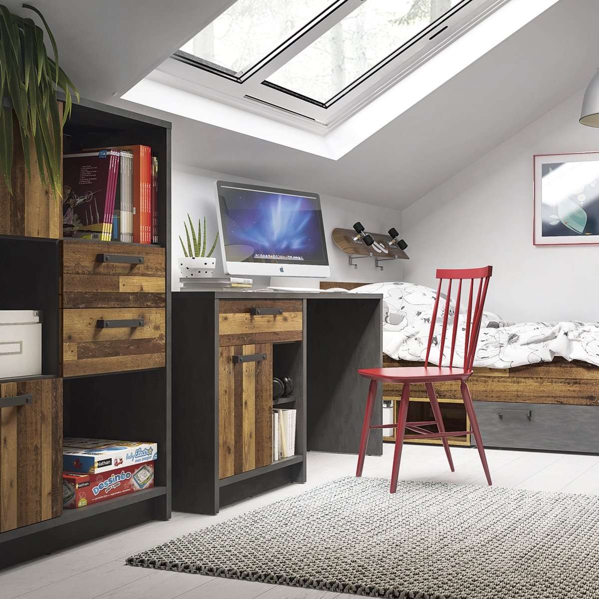 Brooklyn Desk With 1 Door And 1 Drawer In Walnut & Dark Grey - Price Crash Furniture