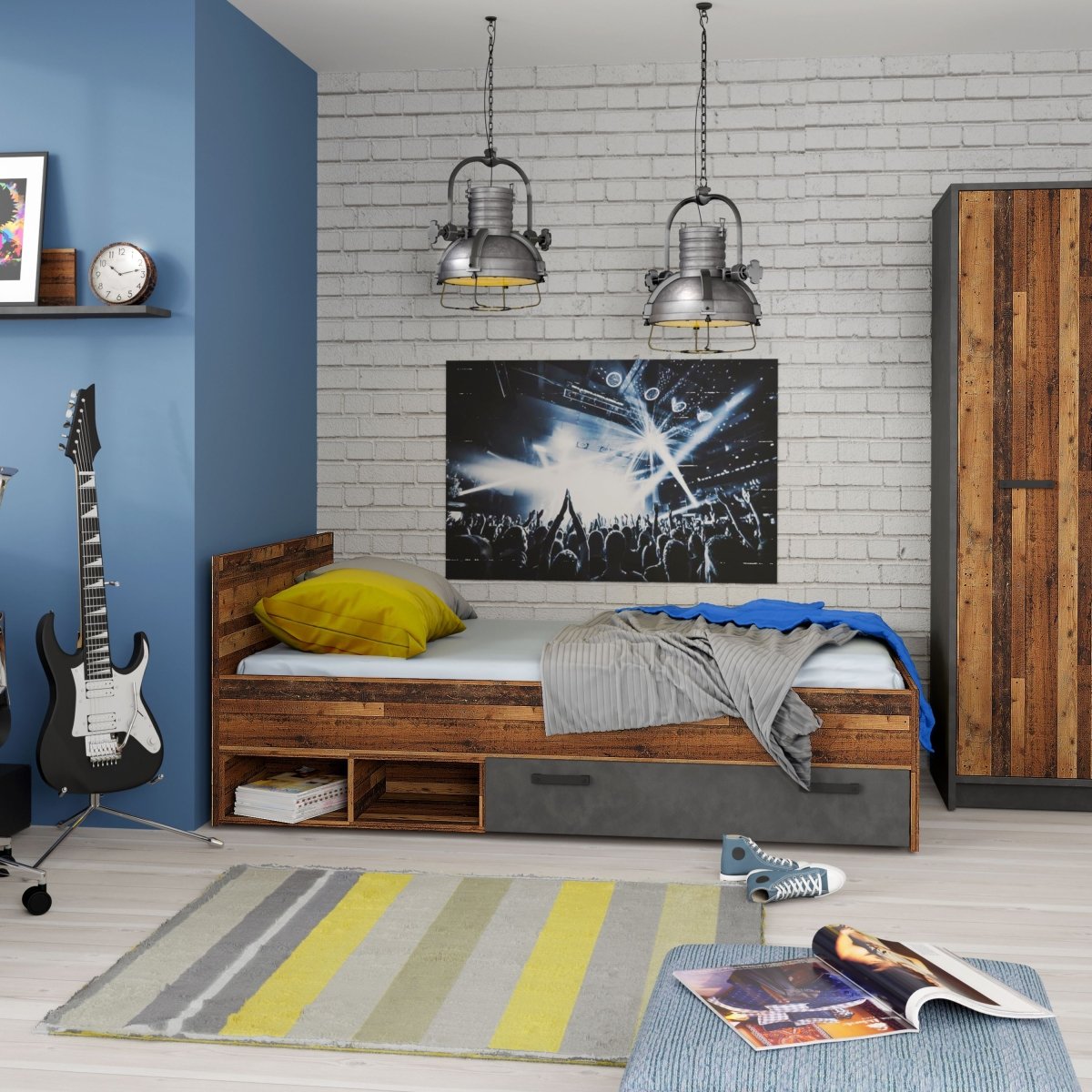 Brooklyn Single Bed 120cm In Rustic Walnut - Price Crash Furniture