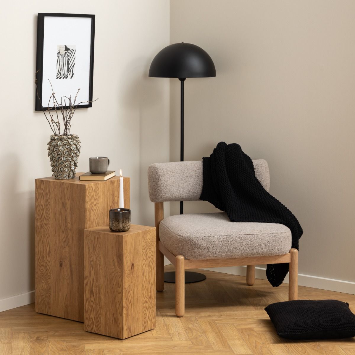 Burley Lounge Chair In Beige Fabric And Oak - Price Crash Furniture