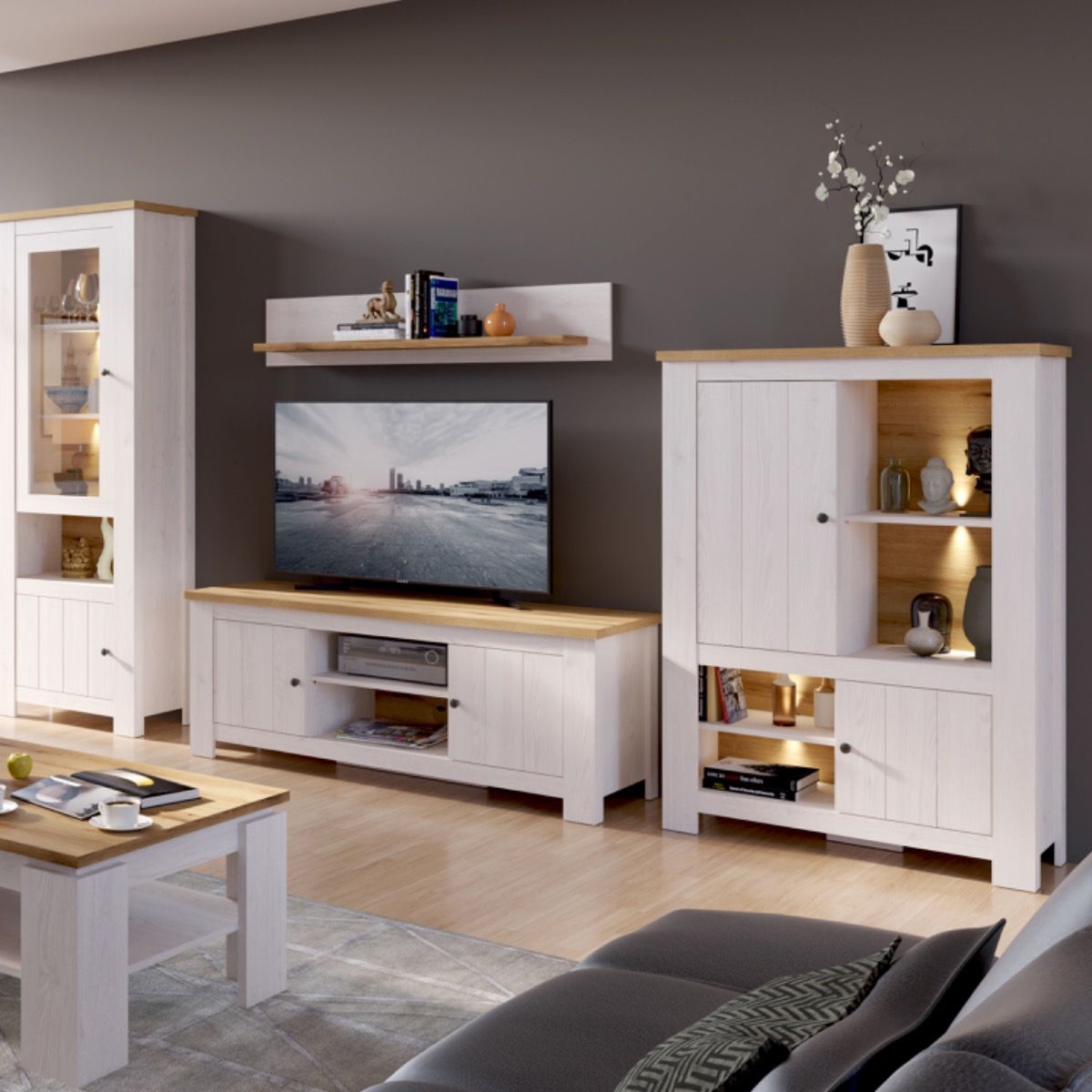 Celesto 2 Door 4 Shelves Display Cabinet With LED Lights In White And Oak - Price Crash Furniture