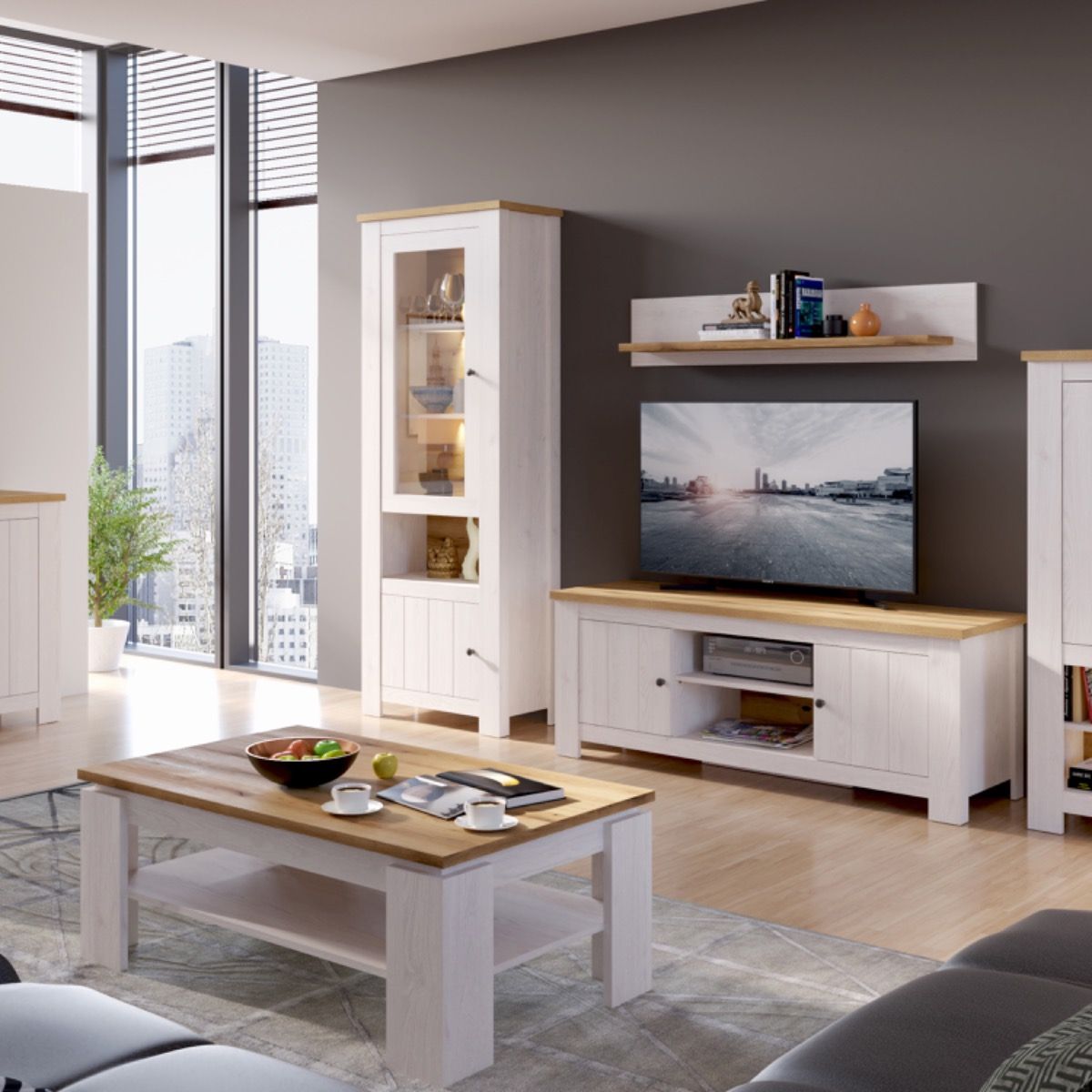 Celesto 2 Door Display Cabinet With LED Lights In White And Oak - Price Crash Furniture