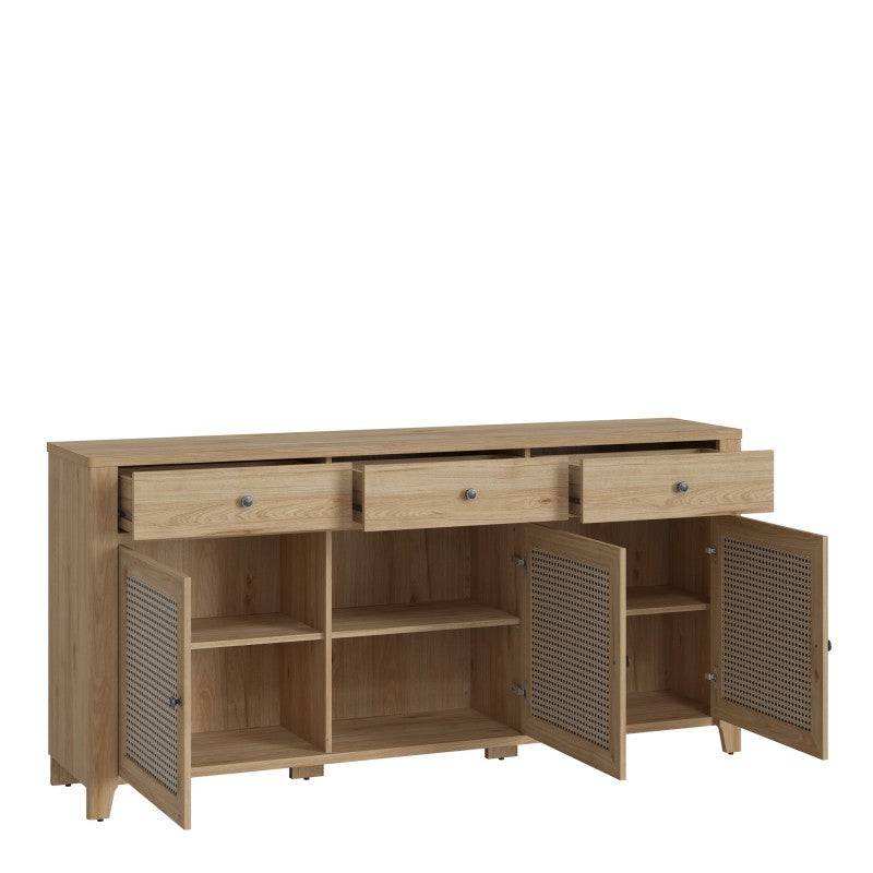 Cestino 3 Door 3 Drawer Sideboard In Jackson Hickory Oak And Rattan Effect - Price Crash Furniture
