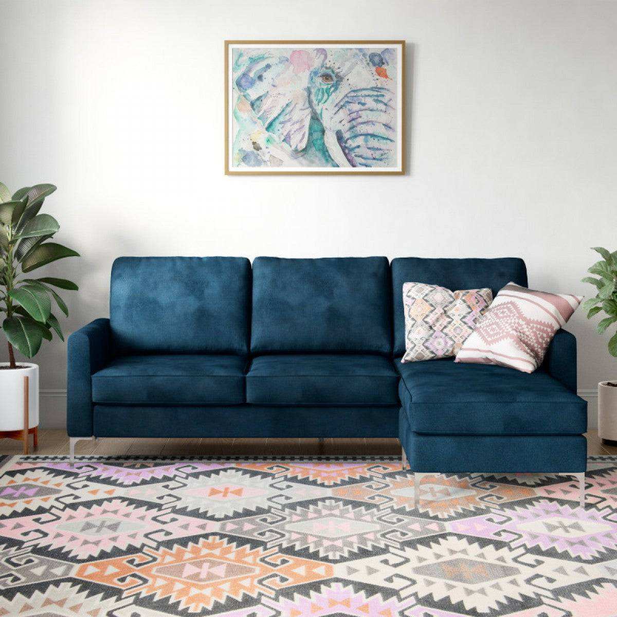 Chapman L Shaped Corner Sofa with Chrome Legs in Blue Velvet by Dorel - Price Crash Furniture