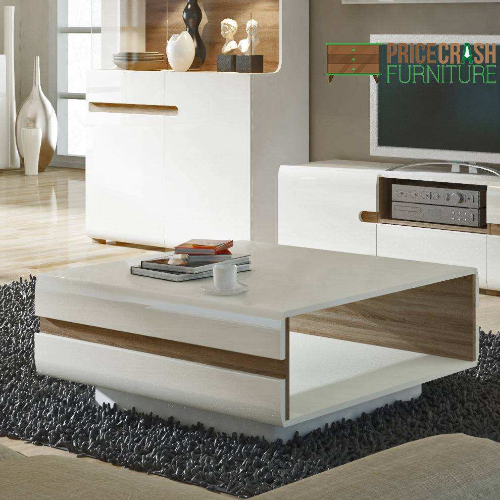 Chelsea 75cm Small Coffee Table in White Gloss with Truffle Oak
