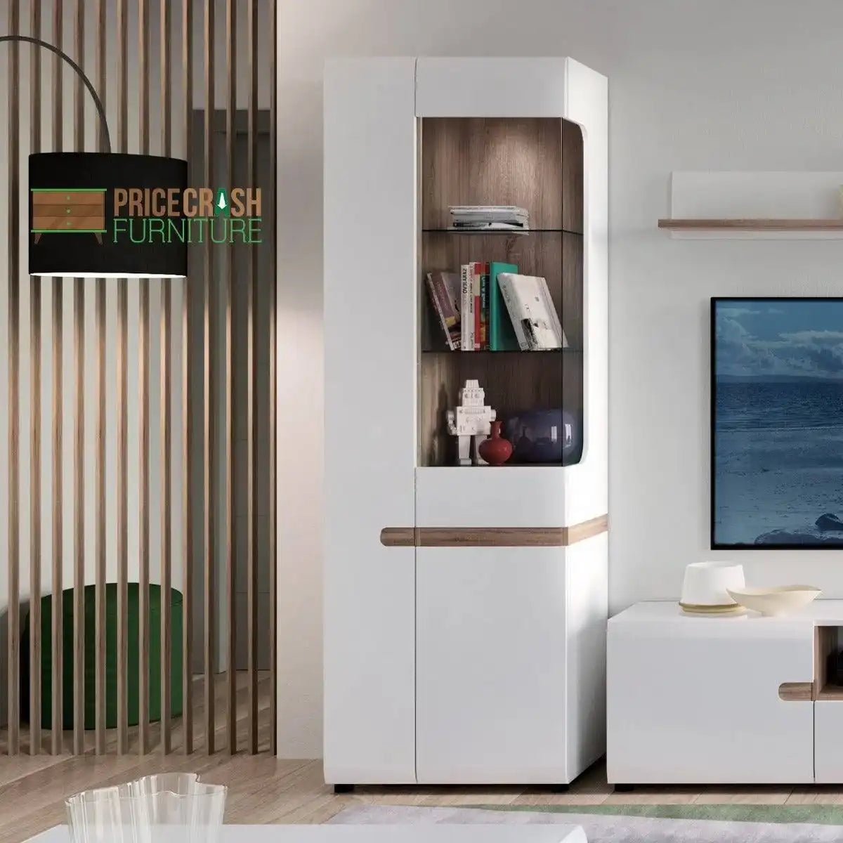 Chelsea Tall Glazed Narrow Display Unit Gloss Truffle Oak