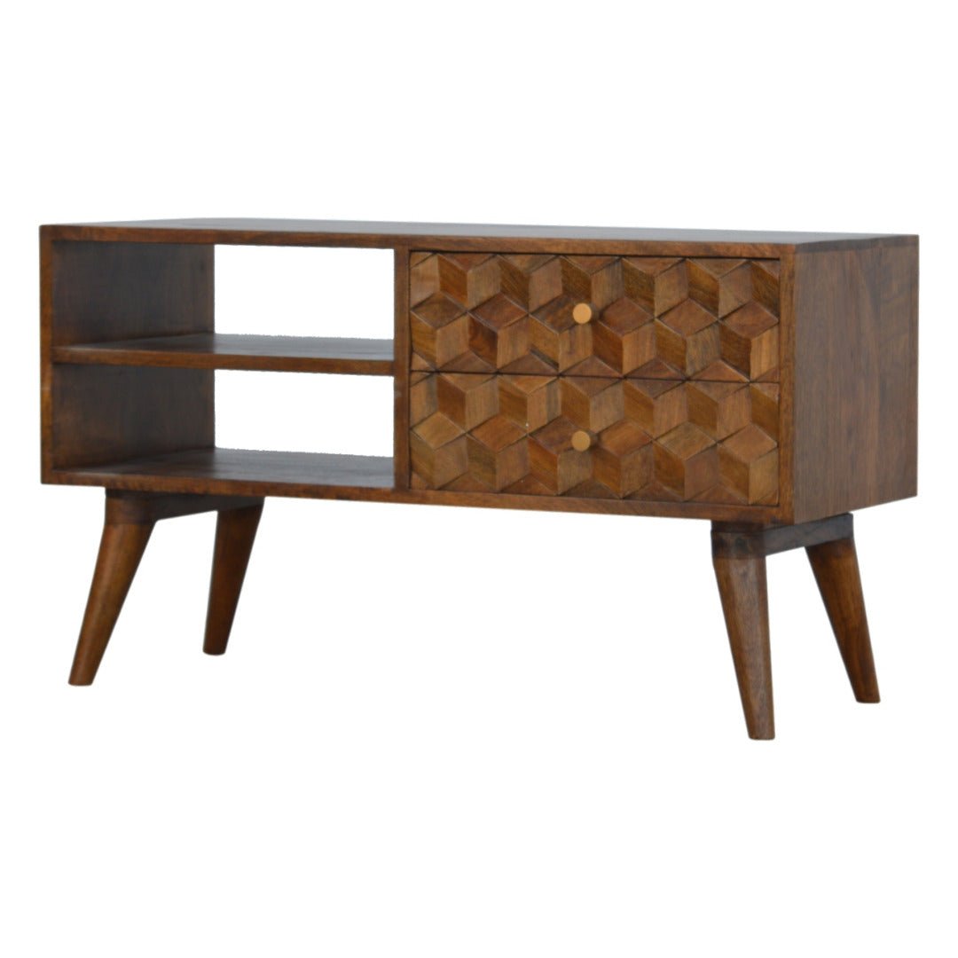 Chestnut Cube Carved Media with 2 Open Slots - Price Crash Furniture