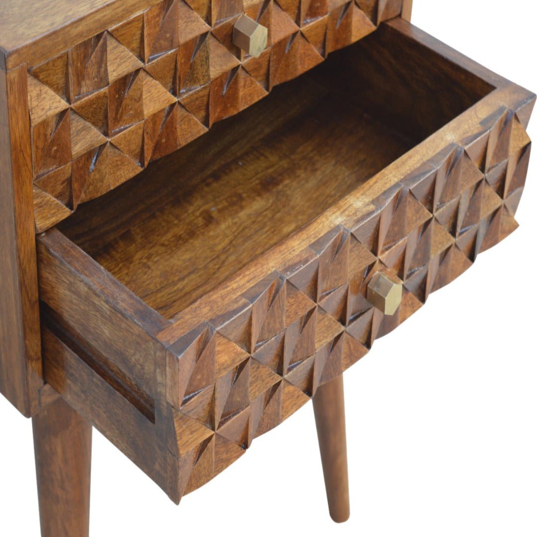 Chestnut Diamond Carved 1 Drawer Bedside - Price Crash Furniture