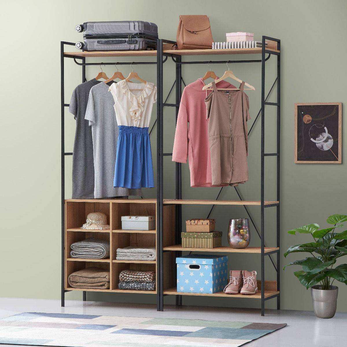Claire Bedroom Open Wardrobe with 8 Shelves in Light Oak - Price Crash Furniture