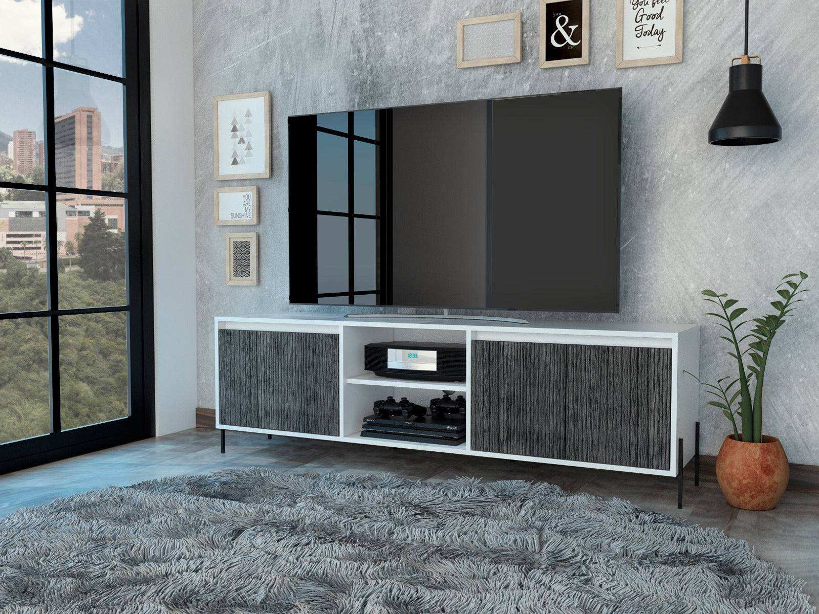 Core Dallas Ultrawide 4 Door TV Stand in White & Carbon Grey Oak Effect - Price Crash Furniture