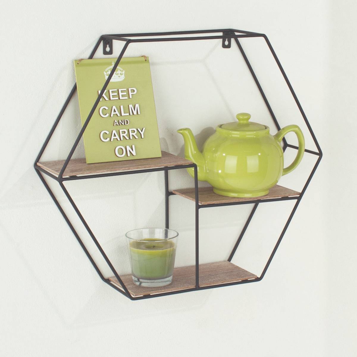 Loft Wire and Woodgrain Hexagonal Display Shelf 48cm by Core - Price Crash Furniture