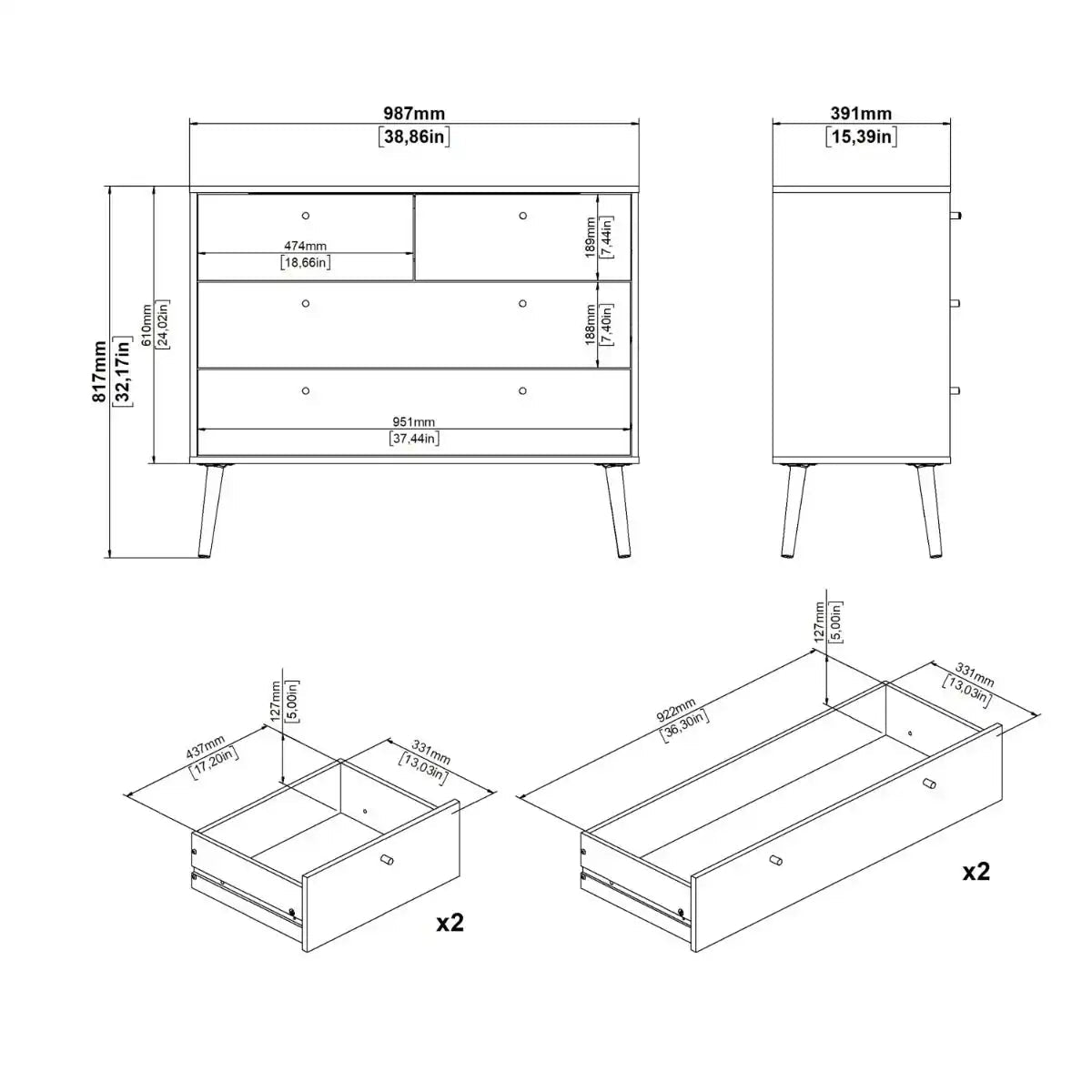 Cumbria 2+2 4 Drawer Chest Drawers in White - Price Crash Furniture