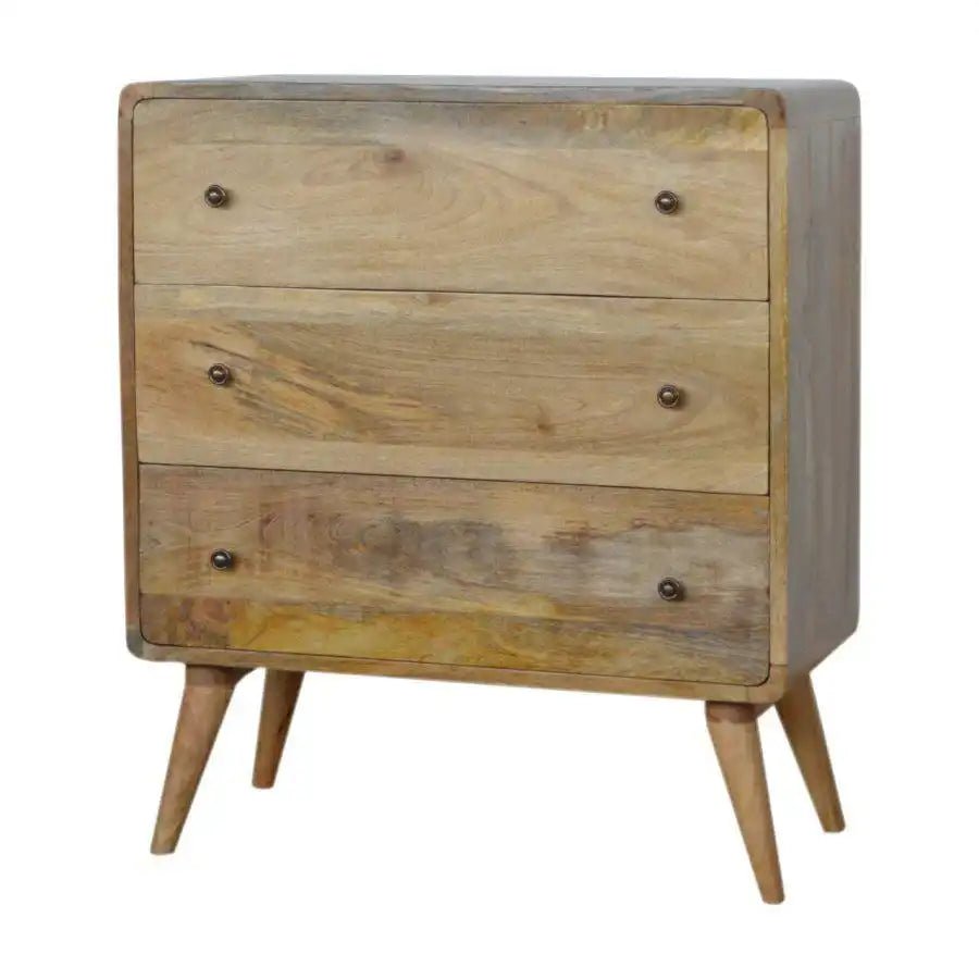 Curved 3 Drawer Chest in Oak - effect Mango Wood - Price Crash Furniture