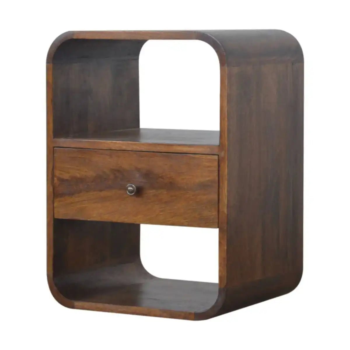 Curved Edge Bedside Table with 1 Drawer in chestnut - effect Solid Mango Wood - Price Crash Furniture