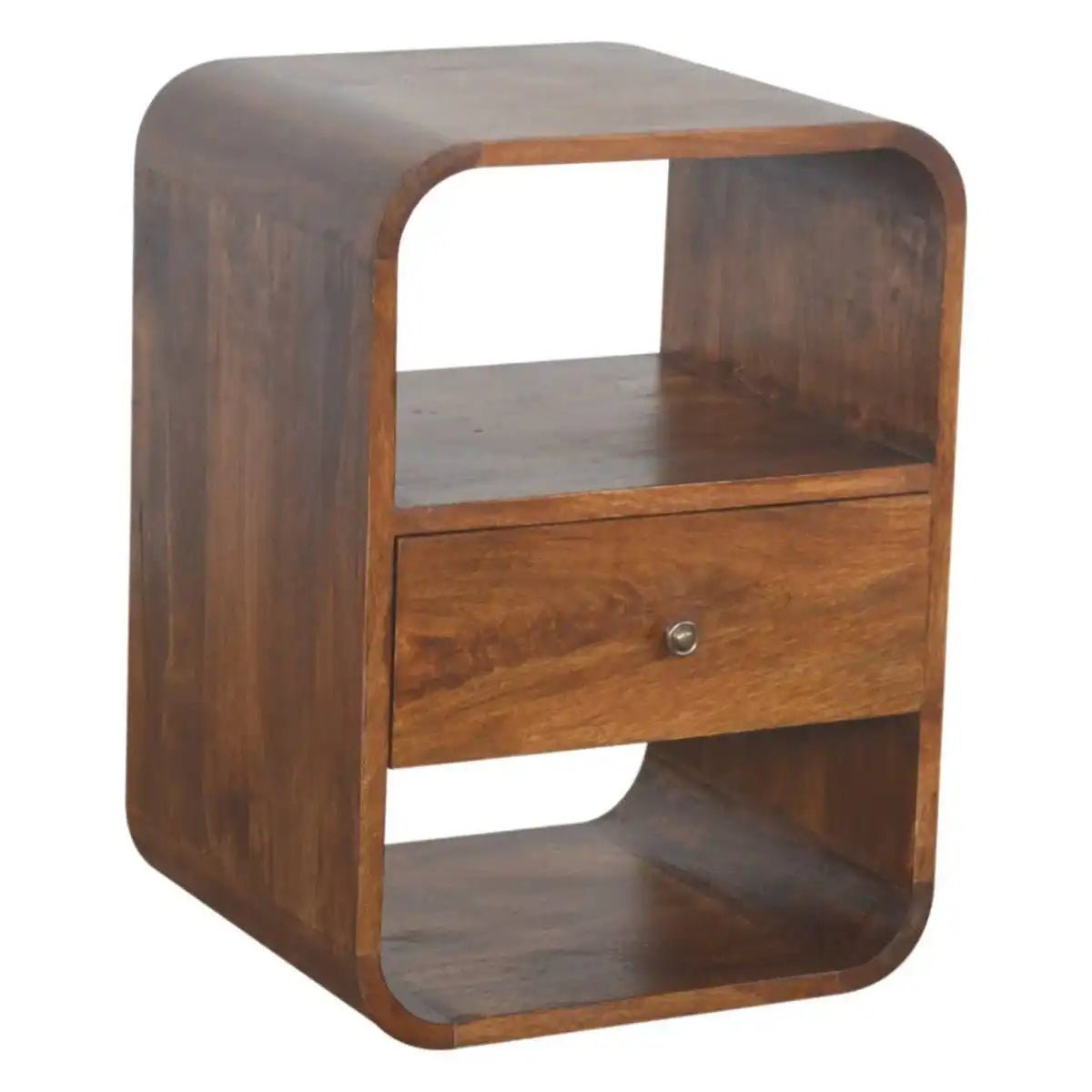 Curved Edge Bedside Table with 1 Drawer in chestnut - effect Solid Mango Wood - Price Crash Furniture