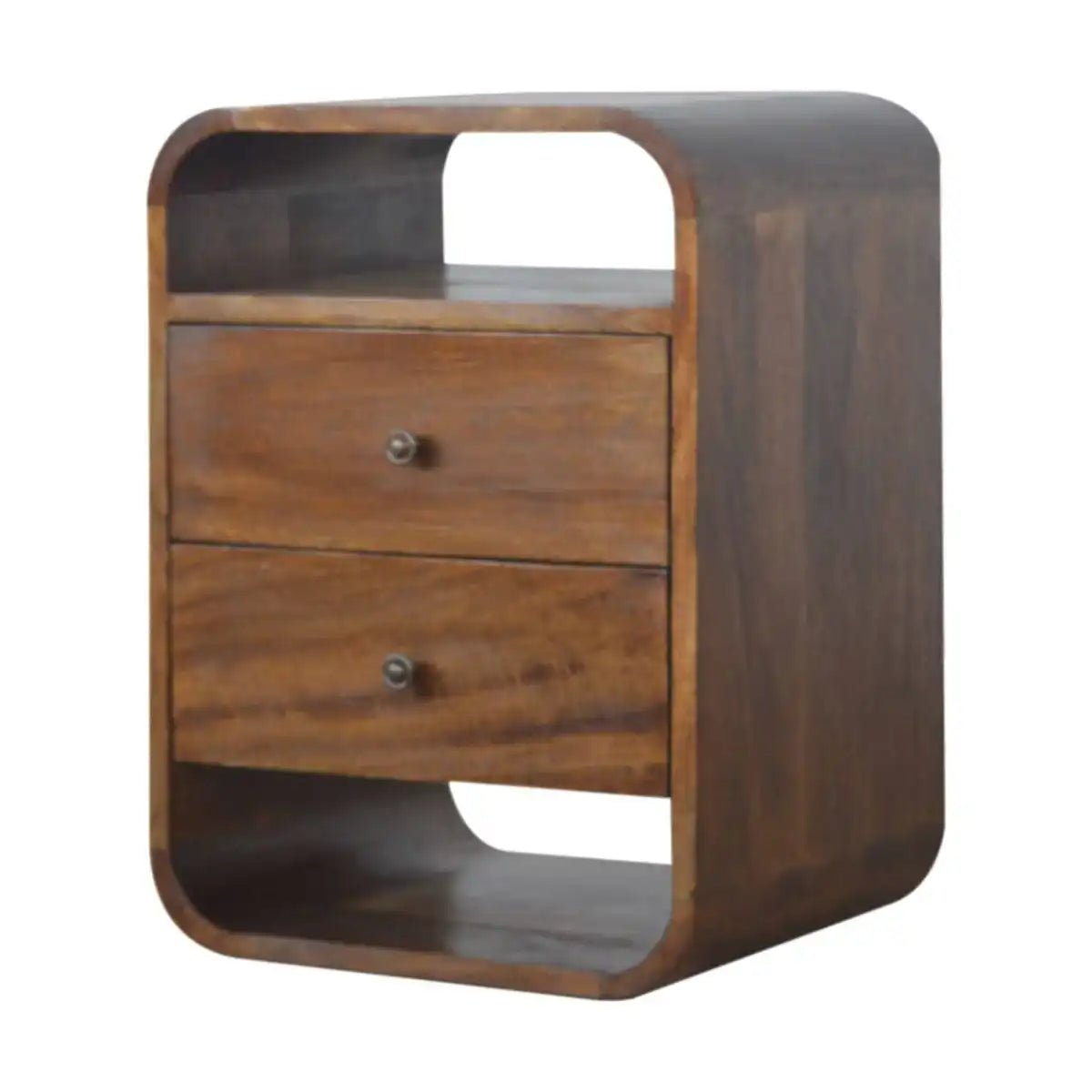 Curved Edge Bedside Table with 2 Drawers in chestnut - effect Solid Mango Wood - Price Crash Furniture