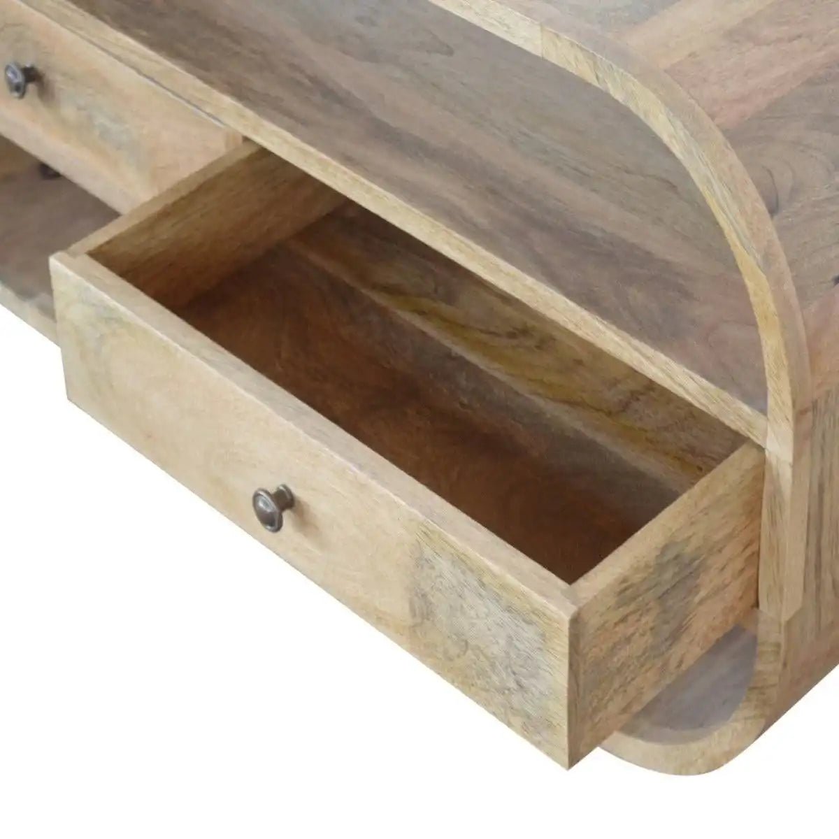 Curved Edge TV Unit in oak - effect Solid Mango Wood with 2 Drawers - Price Crash Furniture
