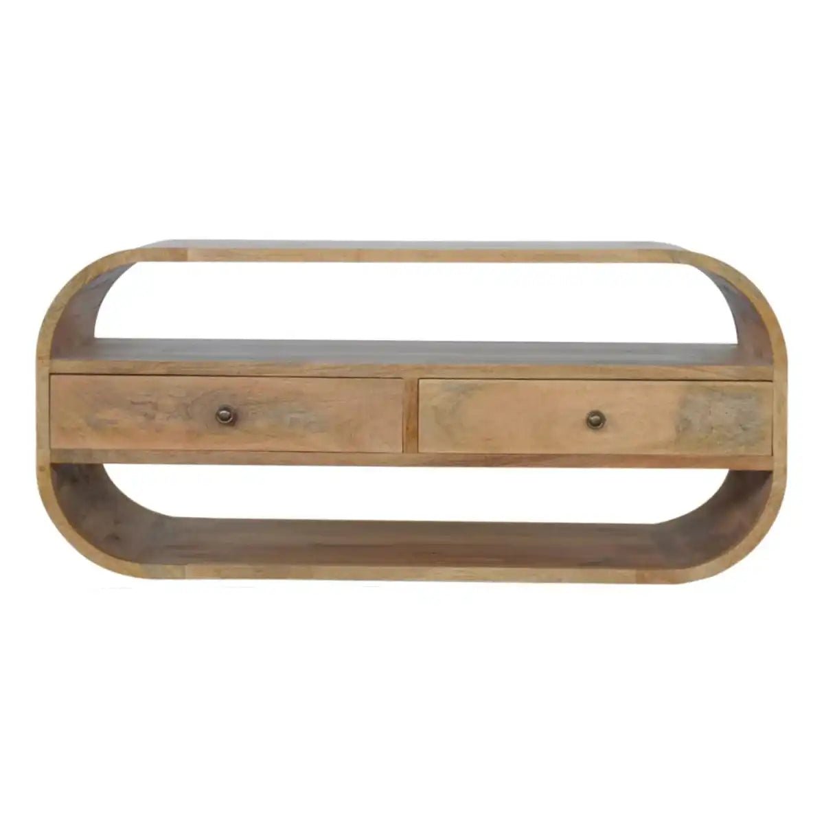 Curved Edge TV Unit in oak - effect Solid Mango Wood with 2 Drawers - Price Crash Furniture
