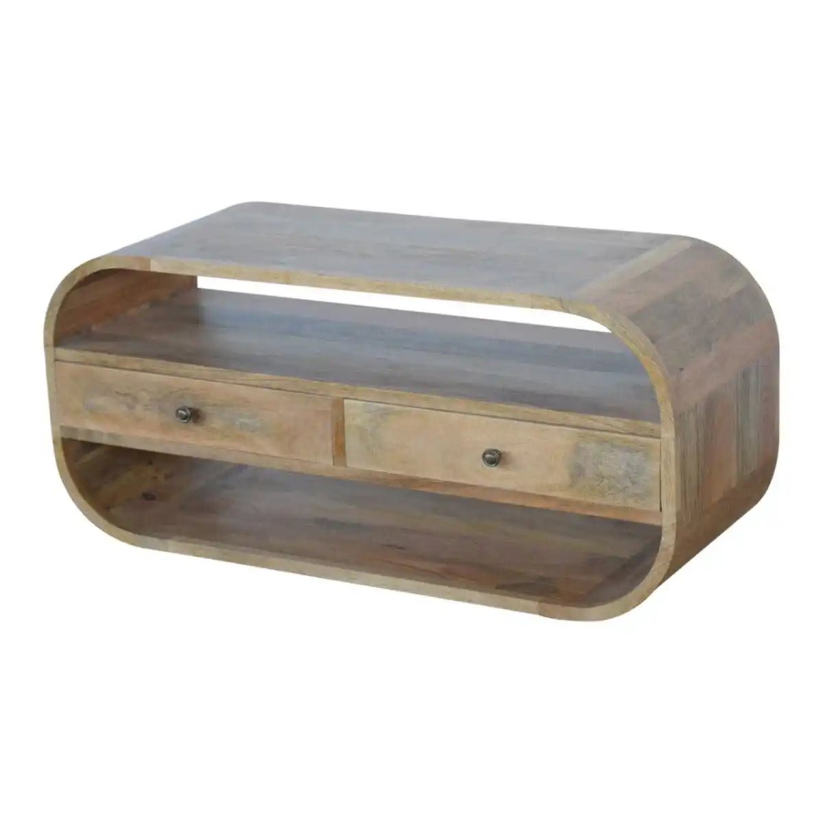 Curved Edge TV Unit in oak - effect Solid Mango Wood with 2 Drawers - Price Crash Furniture