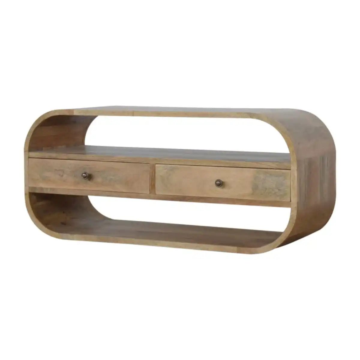 Curved Edge TV Unit in oak - effect Solid Mango Wood with 2 Drawers - Price Crash Furniture
