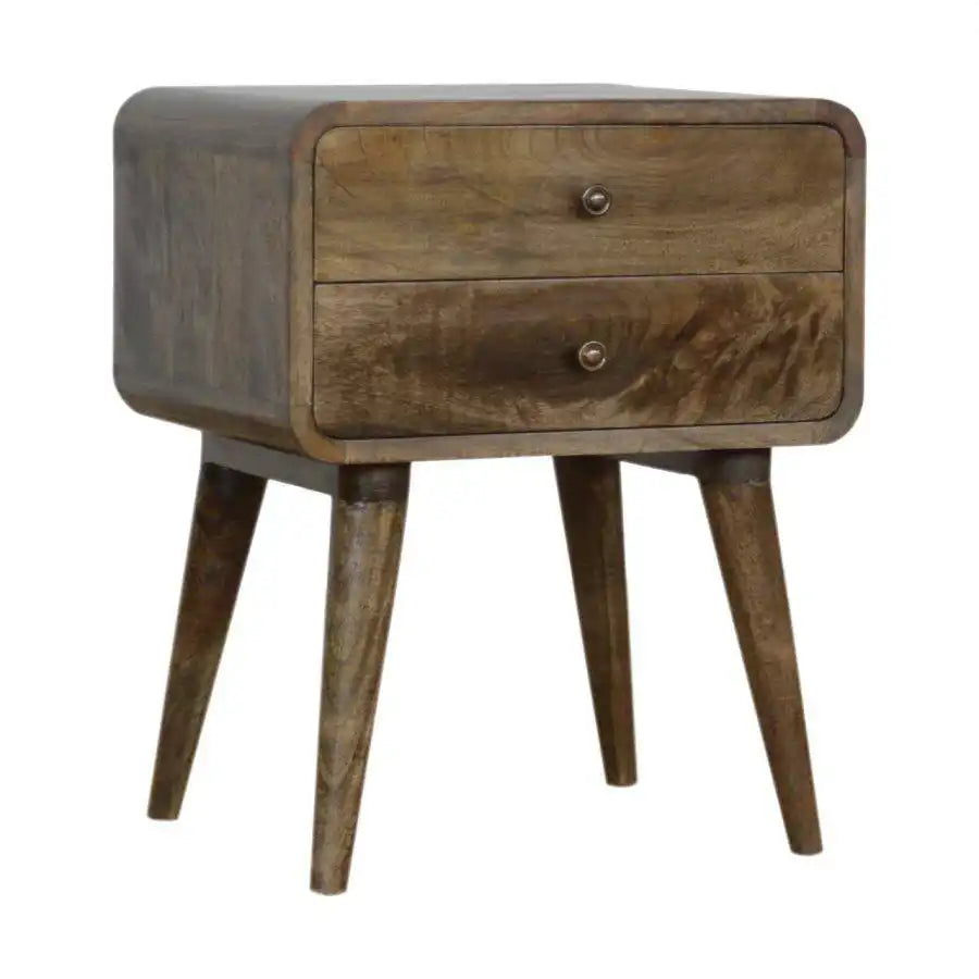 Curved Grey Washed 2 Drawer Bedside Table in Solid Mango Wood - Price Crash Furniture