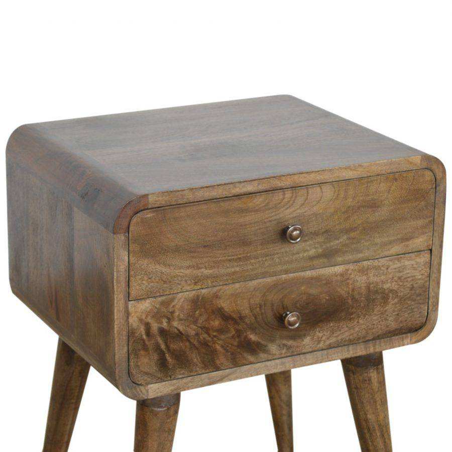 Curved Grey Washed 2 Drawer Bedside Table in Solid Mango Wood - Price Crash Furniture