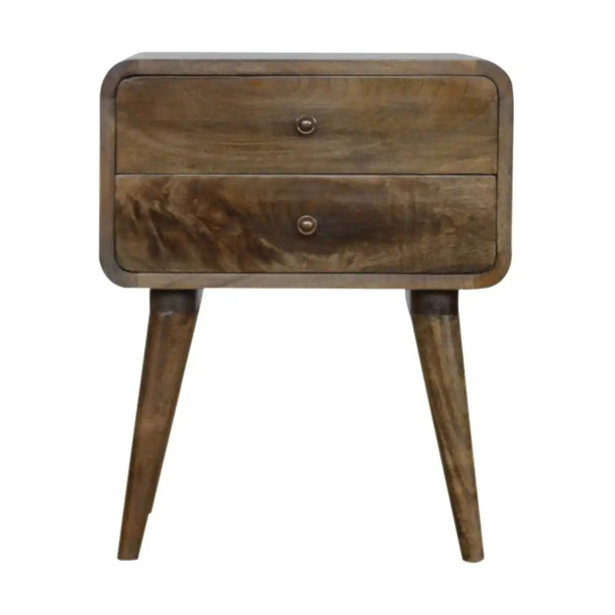 Curved Grey Washed 2 Drawer Bedside Table in Solid Mango Wood - Price Crash Furniture