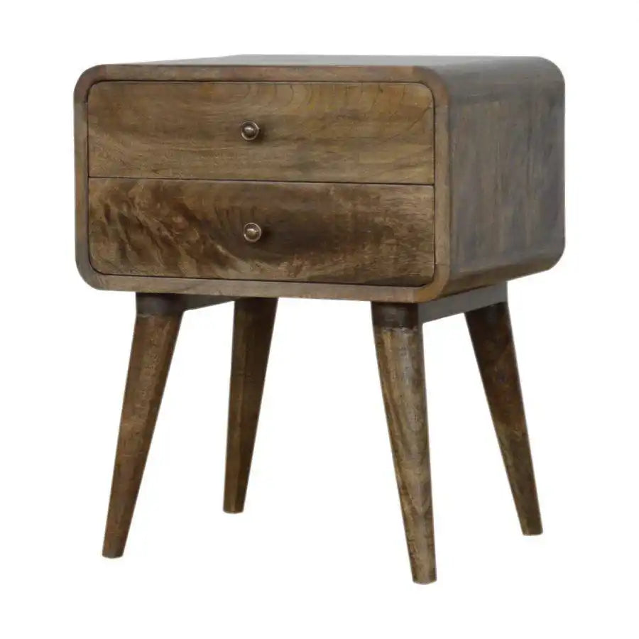 Curved Grey Washed 2 Drawer Bedside Table in Solid Mango Wood - Price Crash Furniture