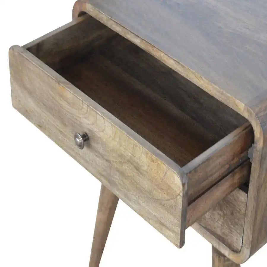 Curved Grey Washed 2 Drawer Bedside Table in Solid Mango Wood - Price Crash Furniture