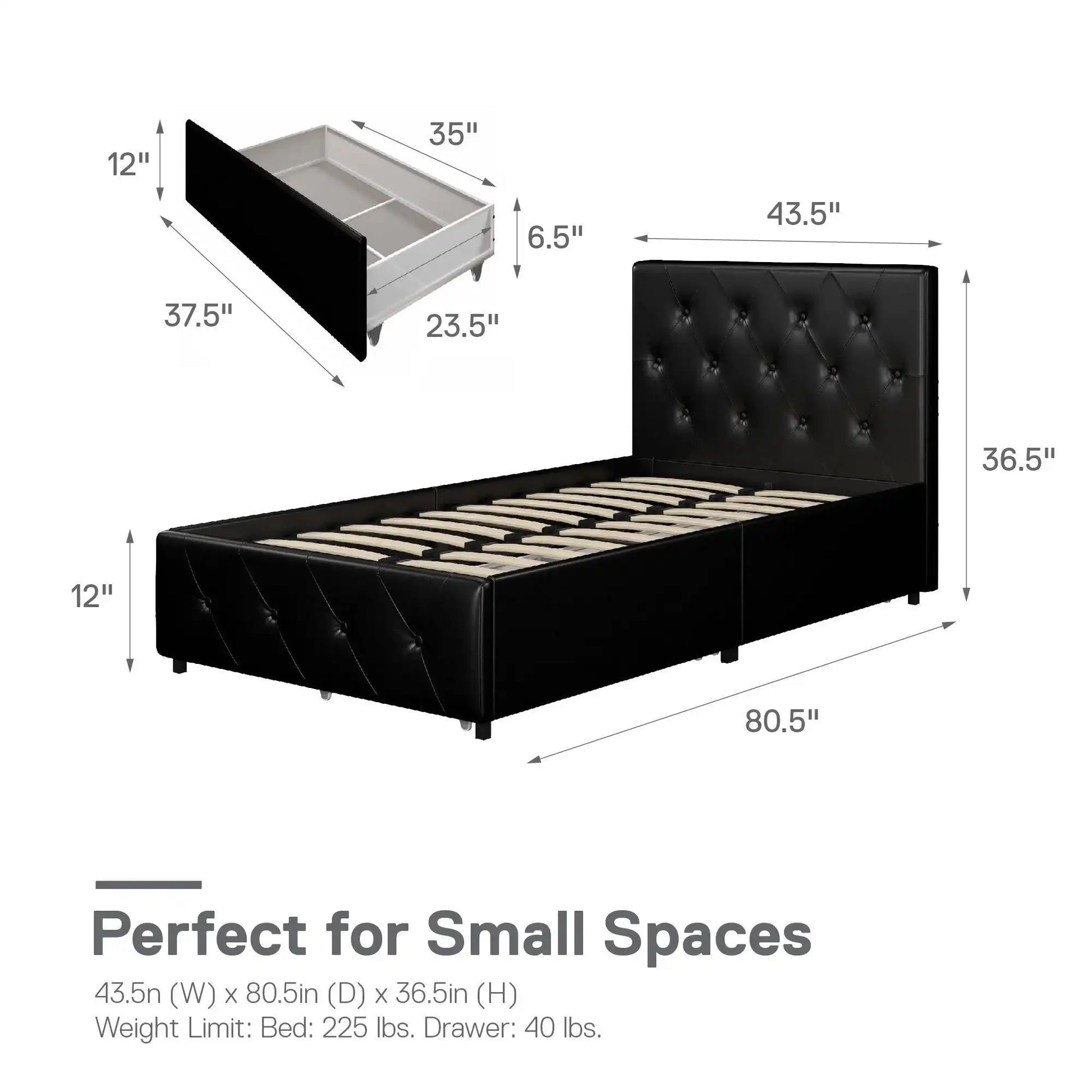 Dakota Upholstered Bed Black PU UK Single Bed with Storage - Price Crash Furniture
