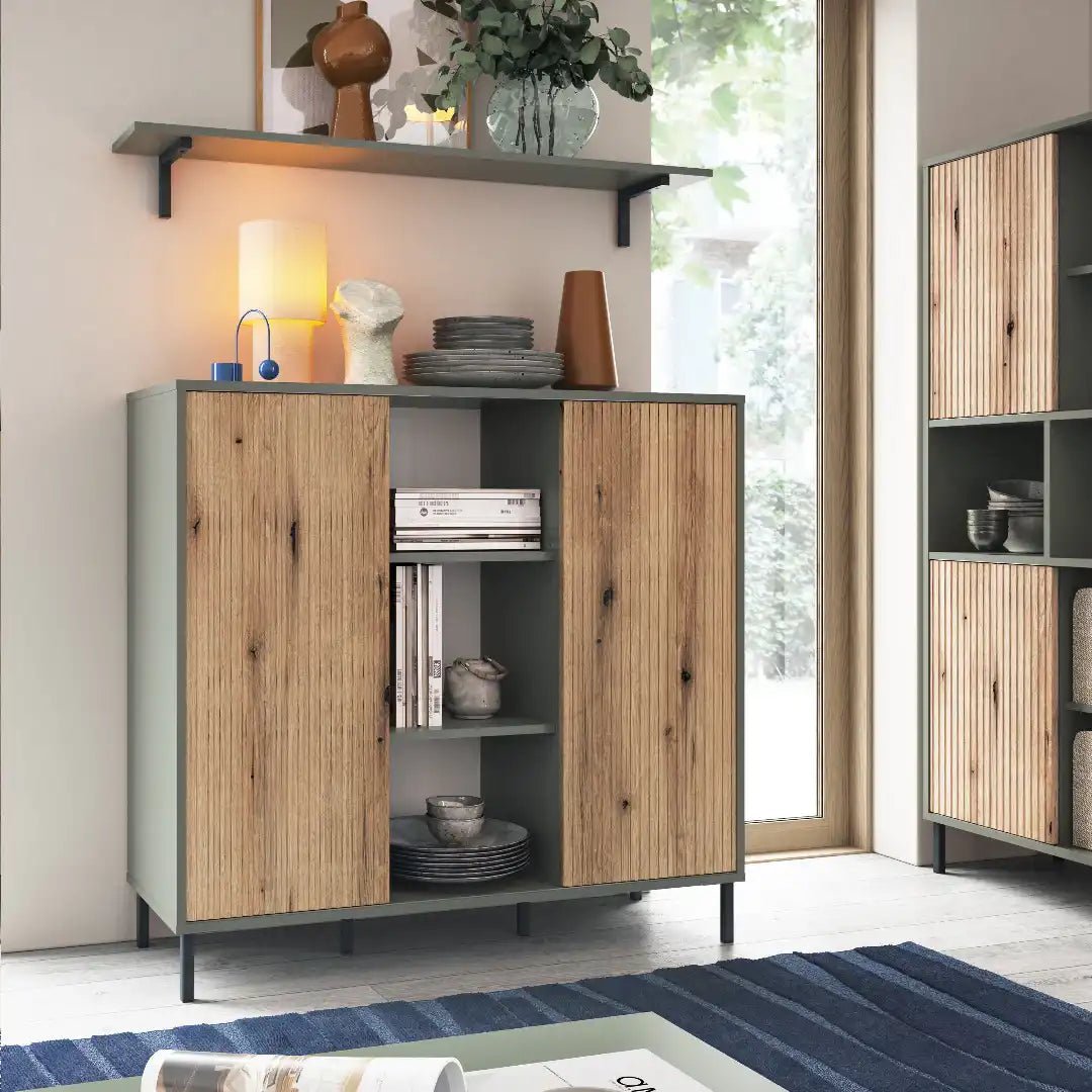 Darwin Bookcase 2 Door in Green/Oak - Price Crash Furniture