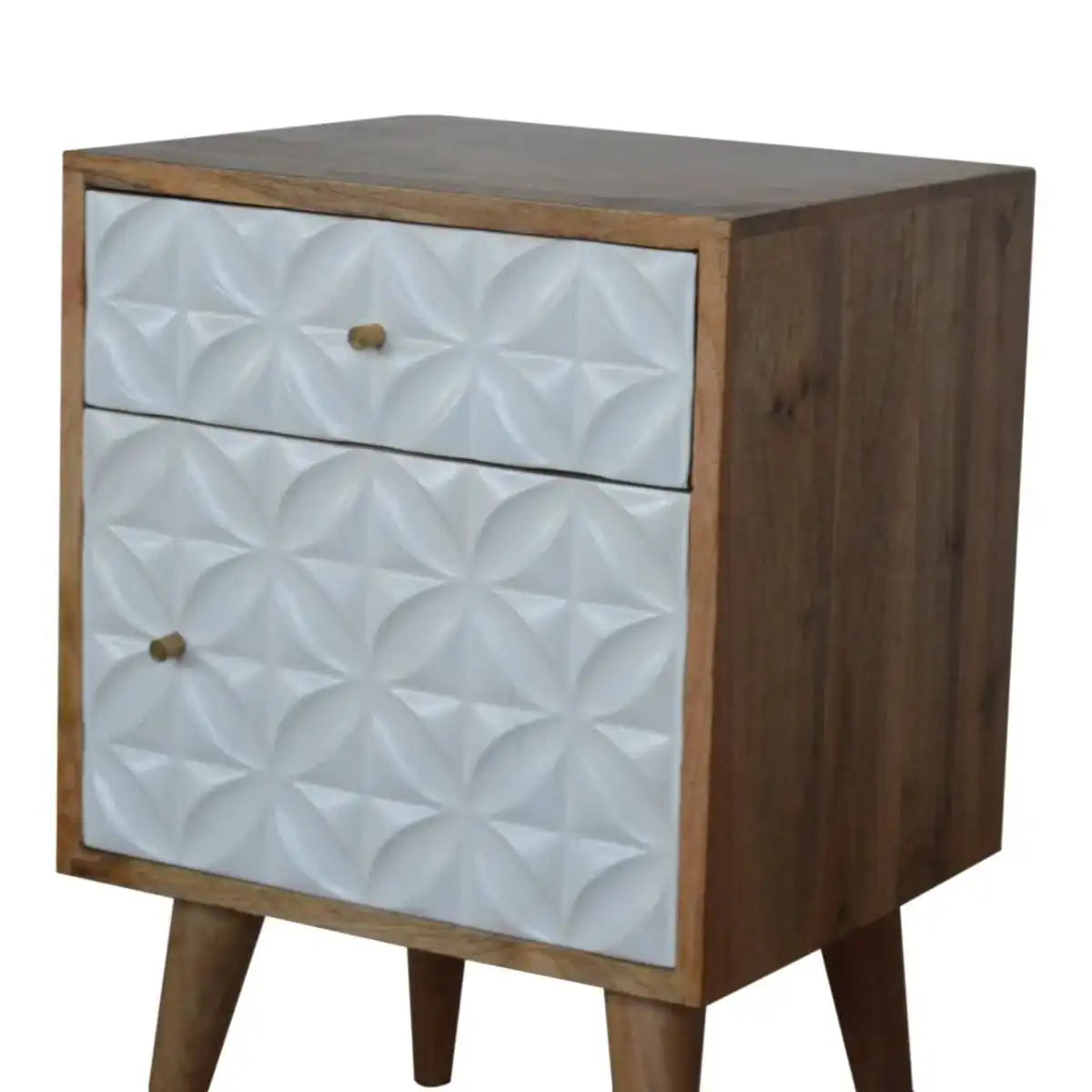 Diamond Carved White 1 Door Bedside Table in Solid Mango Wood - Price Crash Furniture