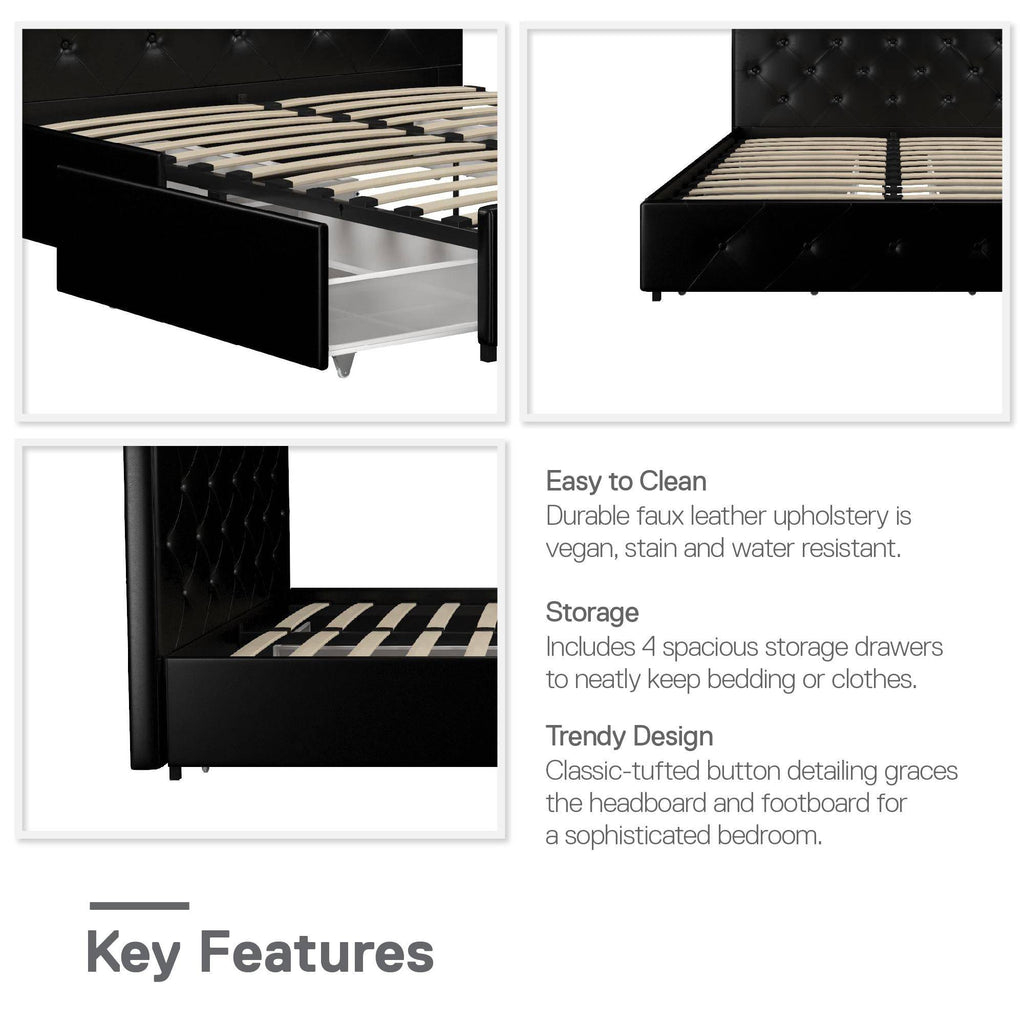 Dakota Upholstered Bed Black PU UK King Size Bed with Storage - Price Crash Furniture
