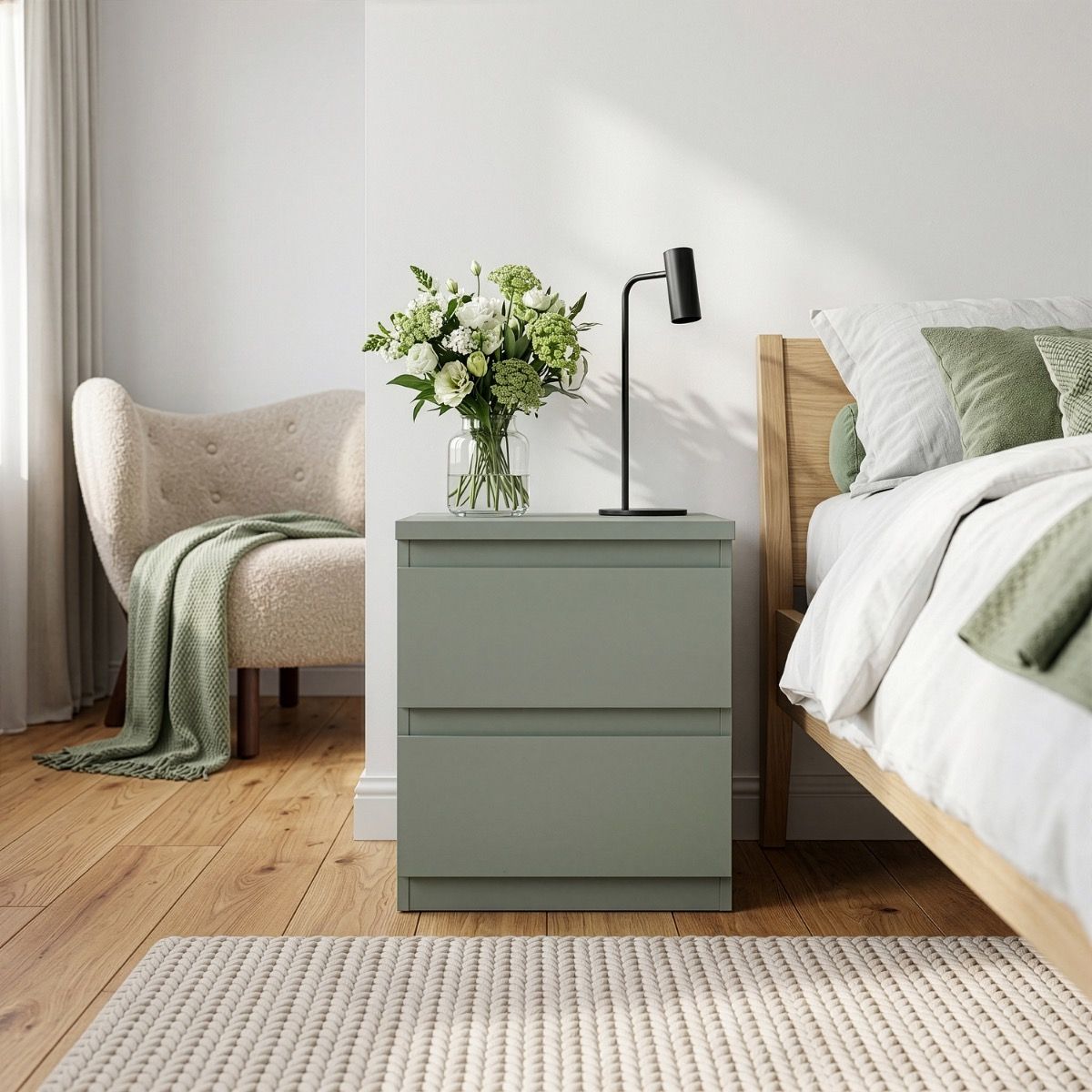 Edmore 2 Drawer Bedside Table In Sage Green - Price Crash Furniture