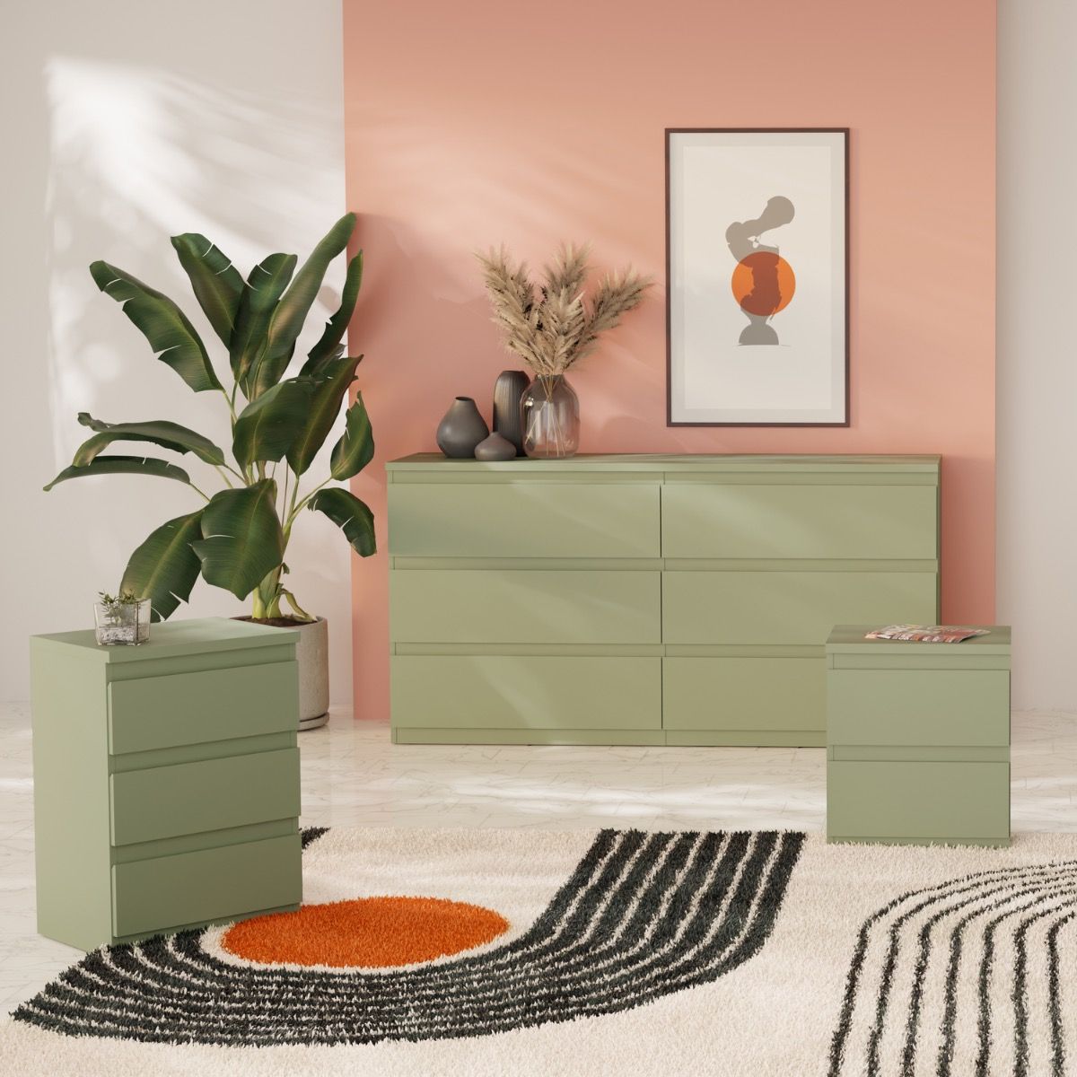 Edmore 3 Drawer Bedside Cabinet In Sage Green - Price Crash Furniture