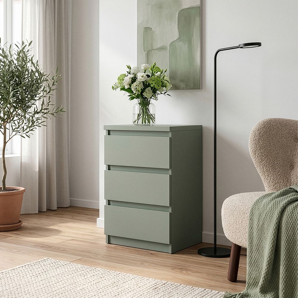 Edmore 3 Drawer Bedside Cabinet In Sage Green - Price Crash Furniture