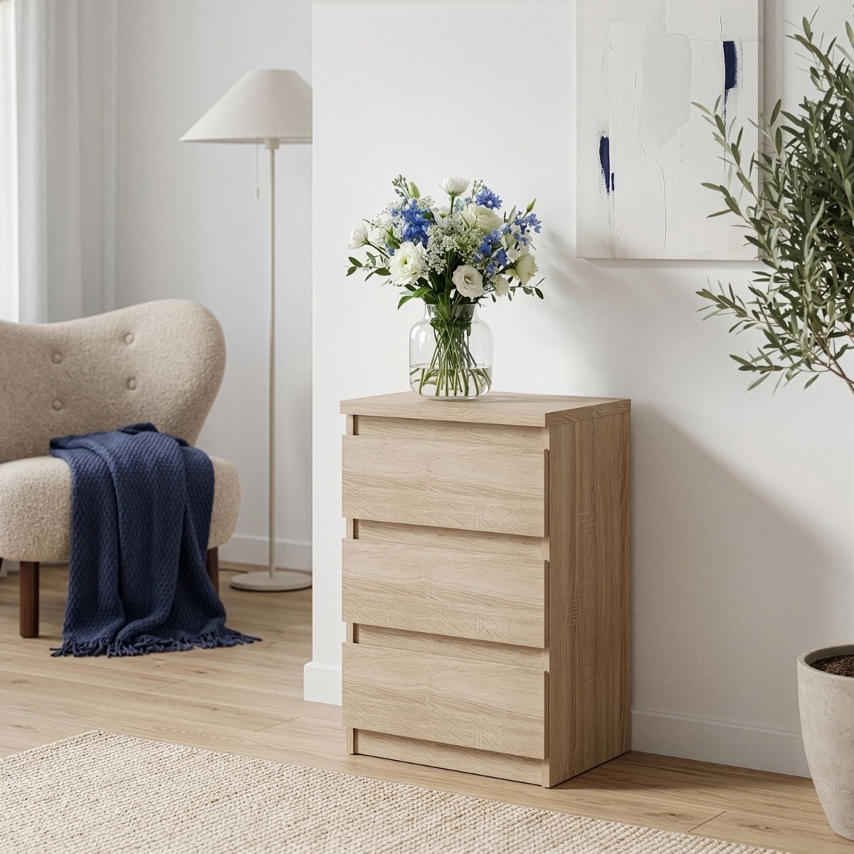 Edmore 3 Drawer Bedside Cabinet In Sonoma Oak - Price Crash Furniture