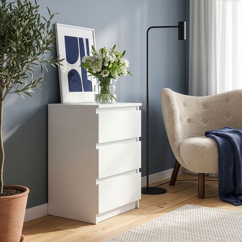 Edmore 3 Drawer Bedside Chest In White - Price Crash Furniture