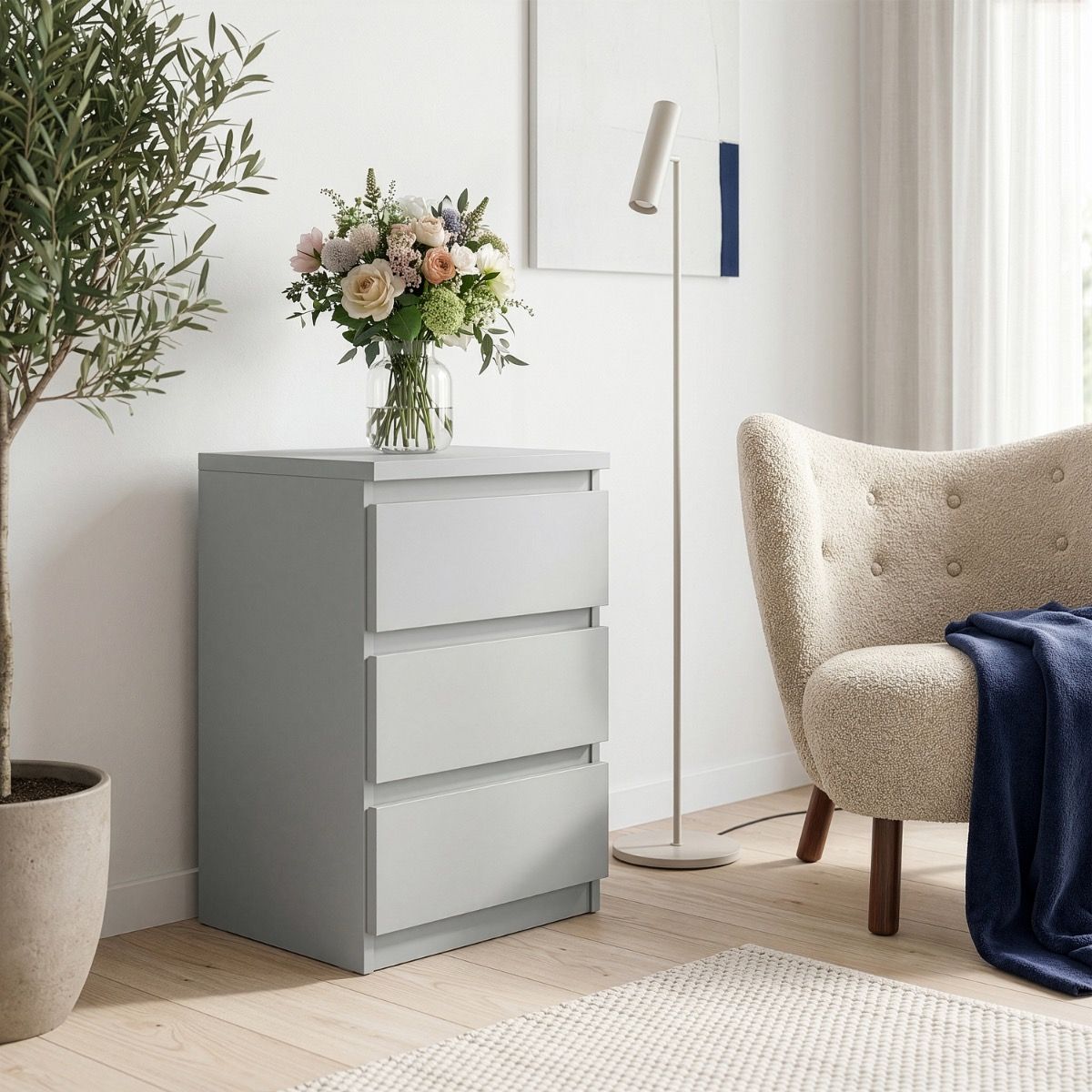Edmore 3 Drawer Bedside Table In Light Grey - Price Crash Furniture