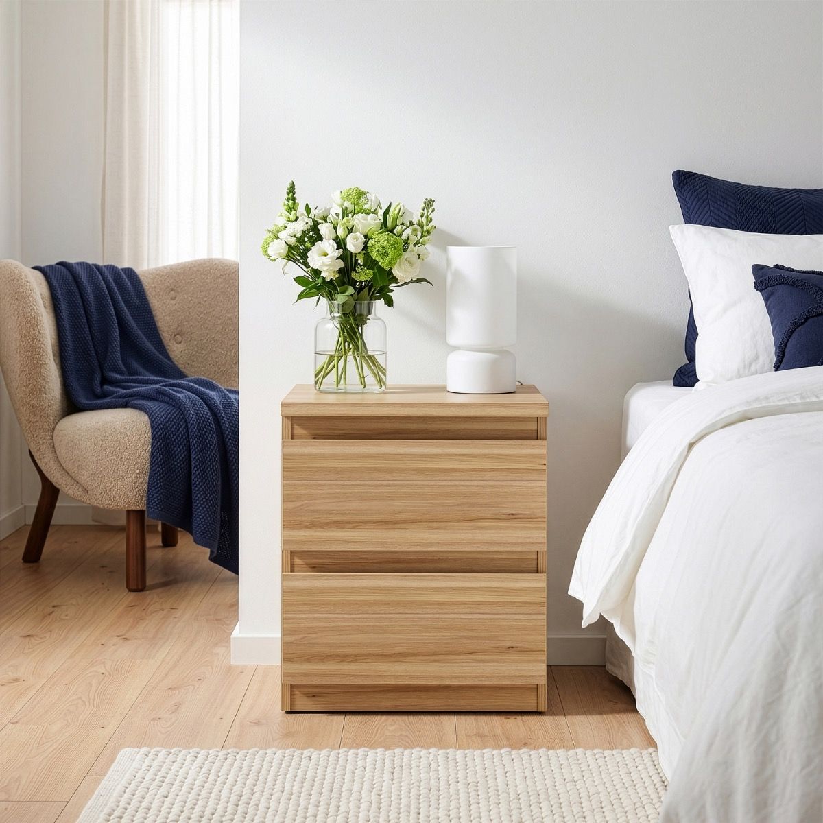 Edmore 3 Drawer Bedside Table In Mauvella Oak - Price Crash Furniture