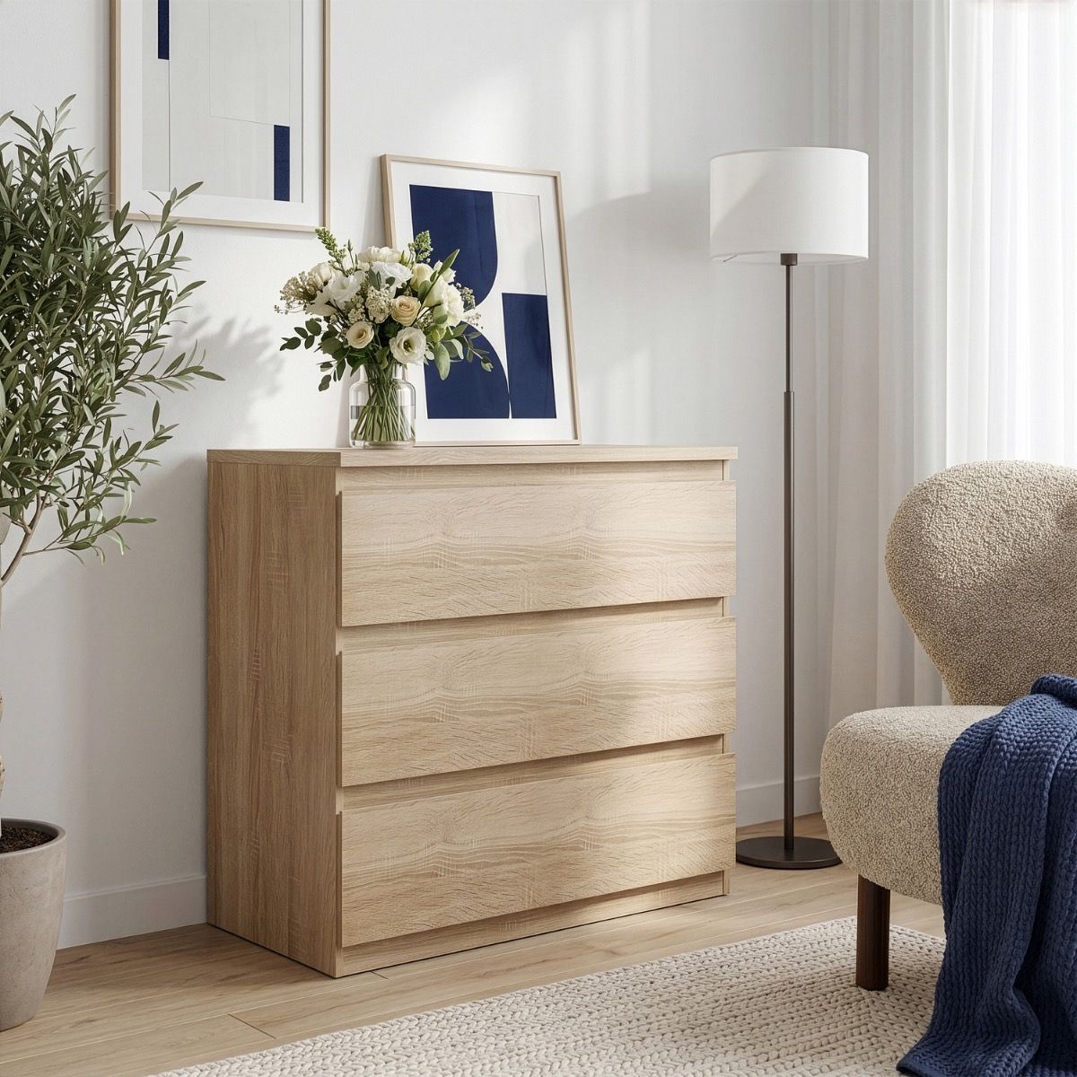 Edmore 3 Drawer Chest of Drawers In Sonoma Oak - Price Crash Furniture