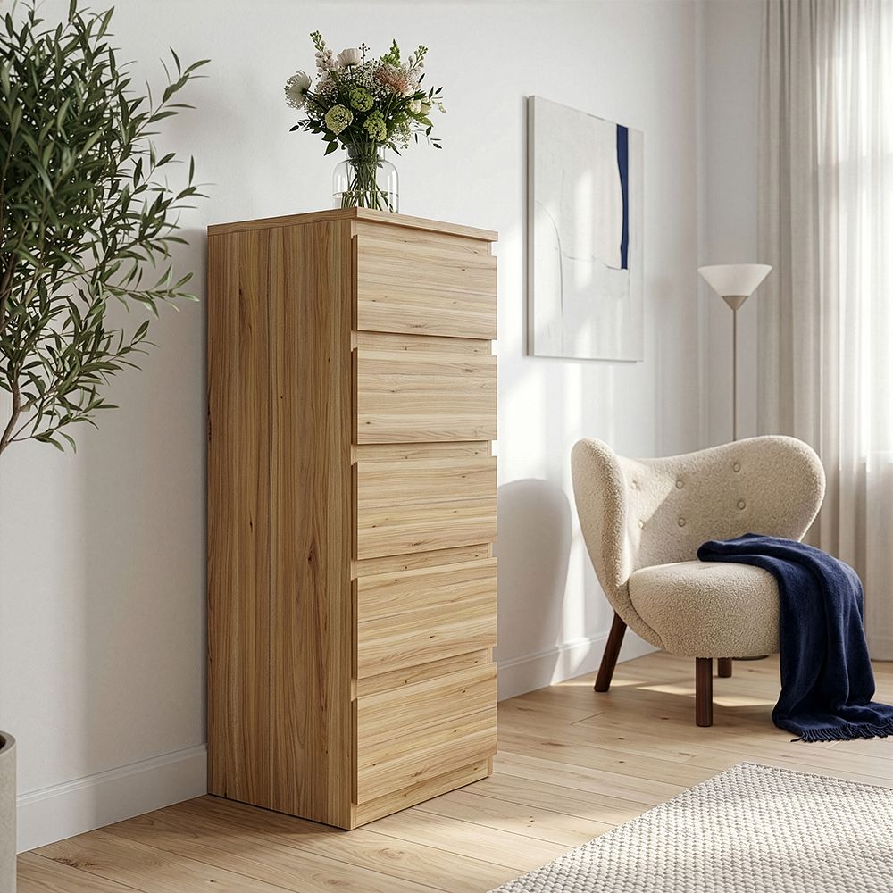 Edmore 5 Drawer Tall Narrow Chest of Drawers Tallboy In Mauvella Oak - Price Crash Furniture