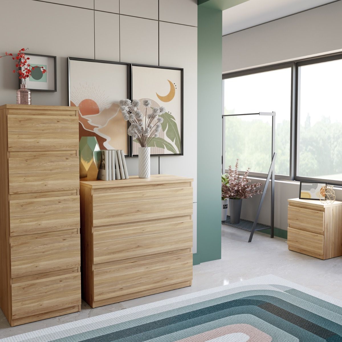 Edmore 5 Drawer Tall Narrow Chest of Drawers Tallboy In Mauvella Oak - Price Crash Furniture
